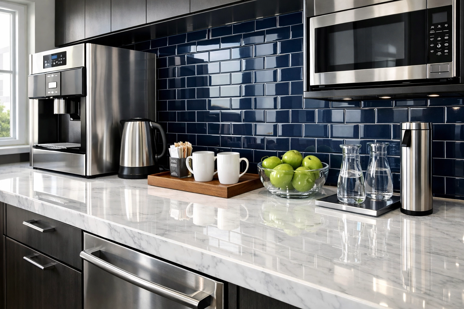 Sanitized office breakroom in Southborough with sparkling marble counters and stainless steel.