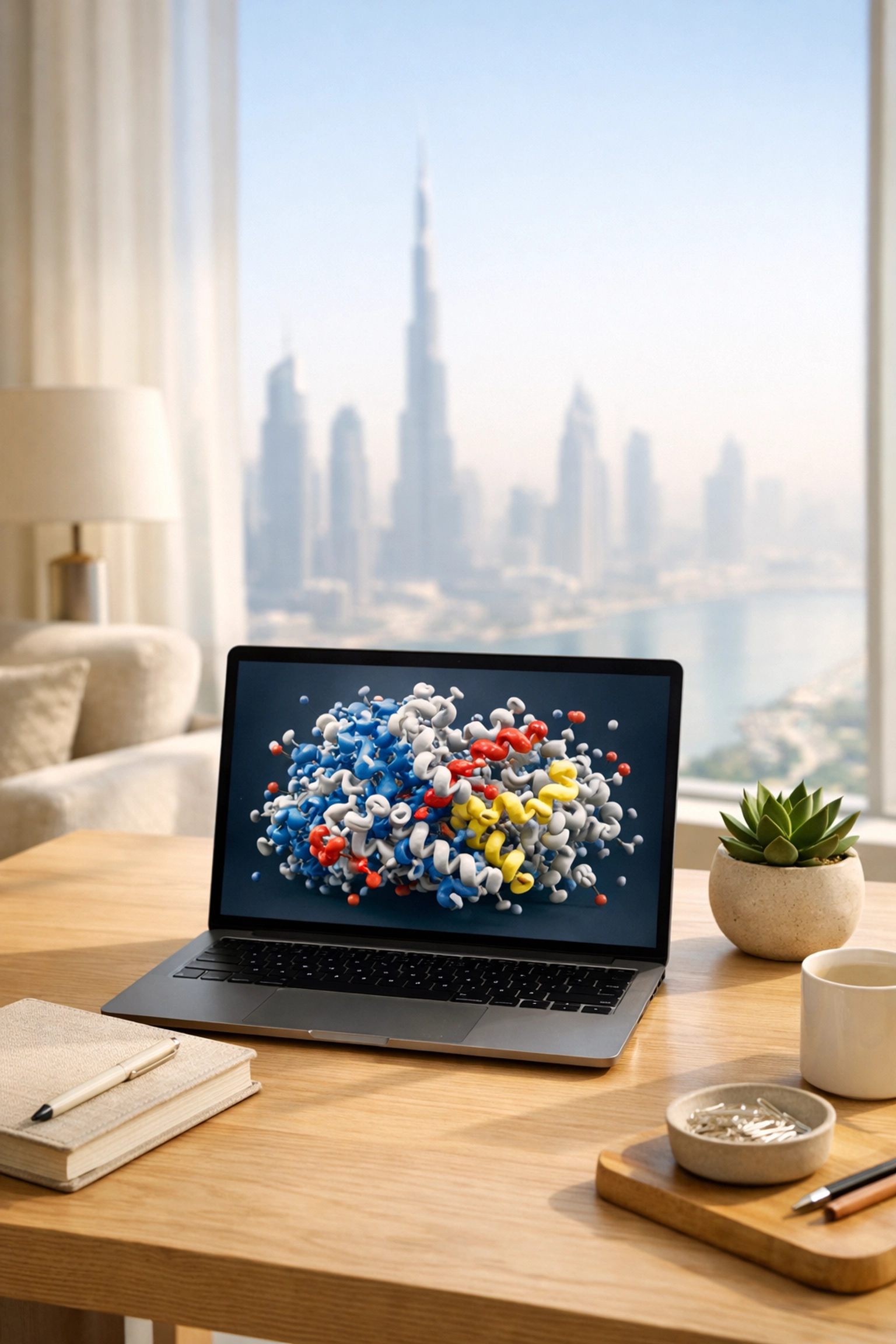 Modern Dubai study space showing a laptop with a chemistry molecular model for online tutoring.