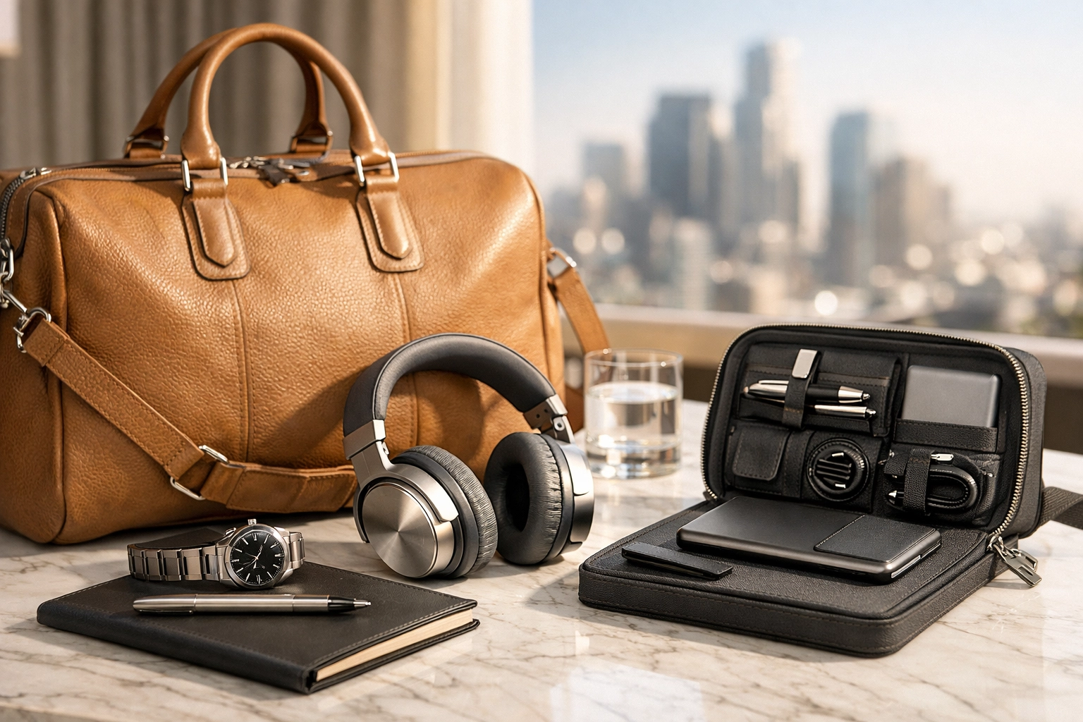 Sophisticated executive gift suite featuring premium travel bags and high-end corporate accessories.