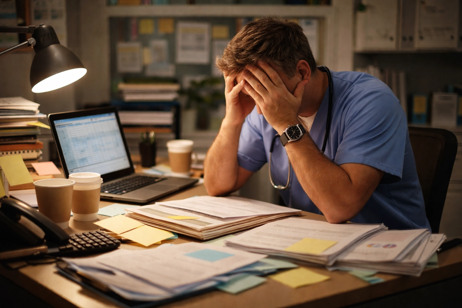Exhausted clinic owner experiencing burnout from administrative overload at cluttered desk