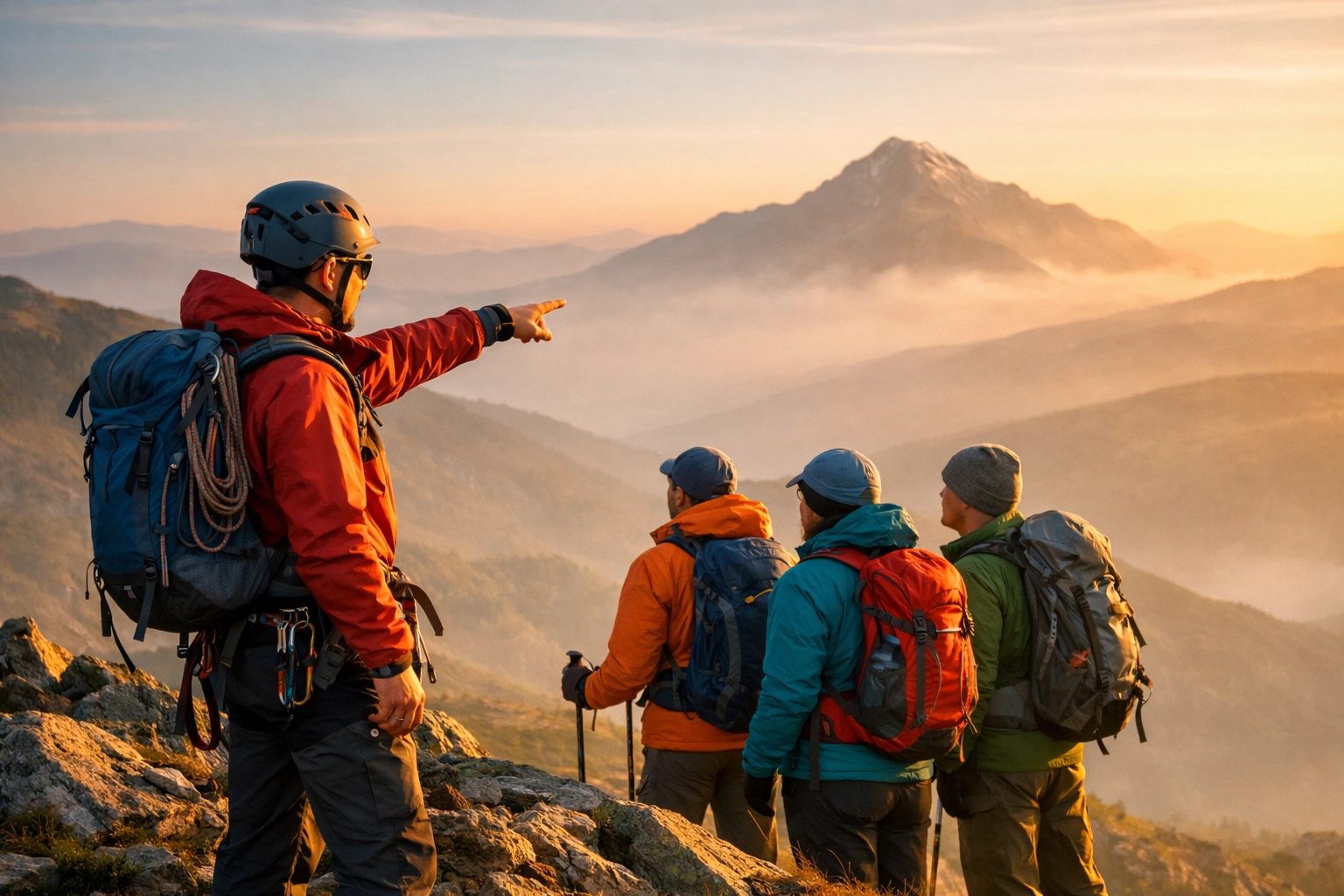 Professional mountain guide leading a group hike during a sunrise tour in the Lake District.