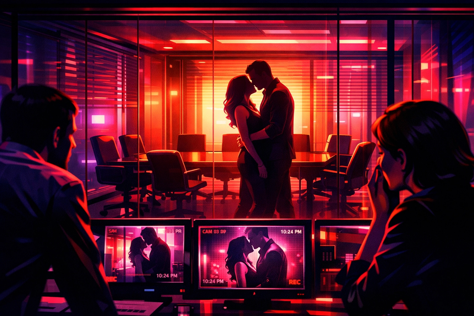 Office conference room with coworkers visible through glass walls showing lack of privacy