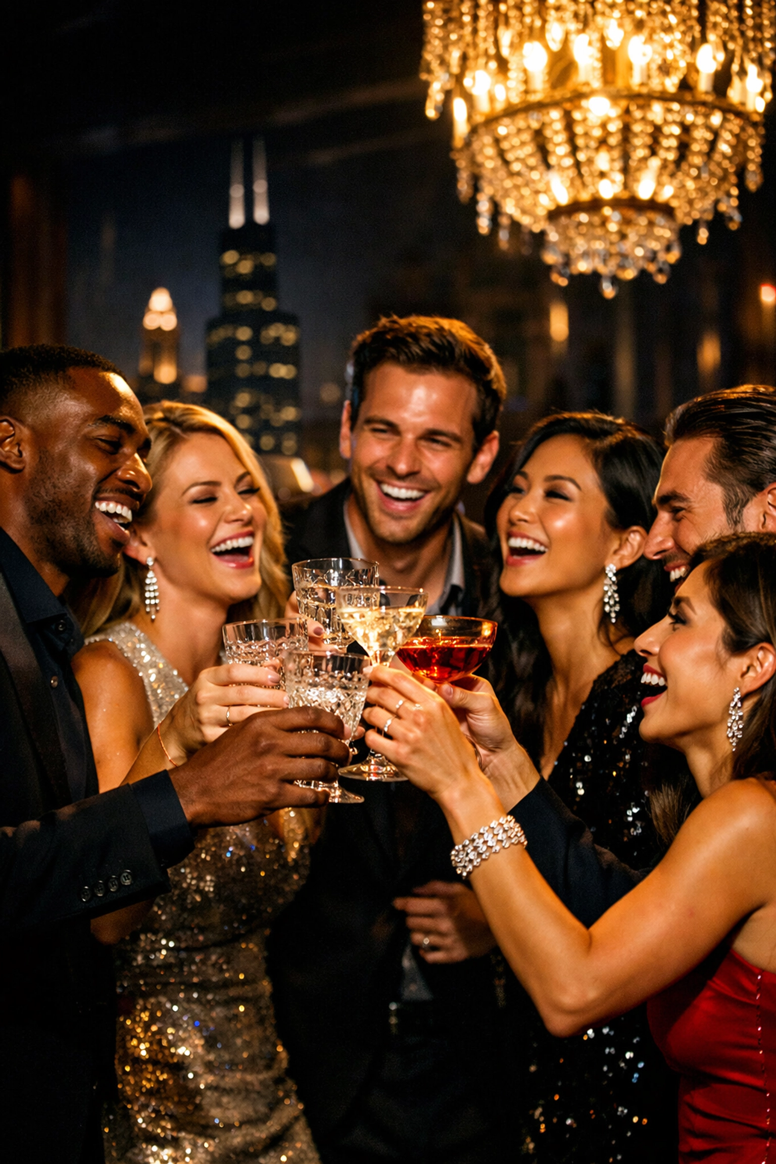 Diverse partners celebrate the Chicago Help Initiative's 25th anniversary with a toast in an upscale city venue.