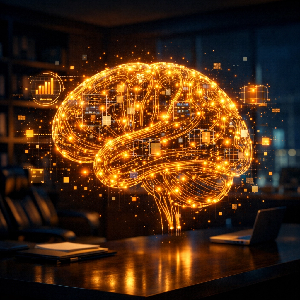 Digital brain silhouette representing intelligent AI integration services and business process automation.