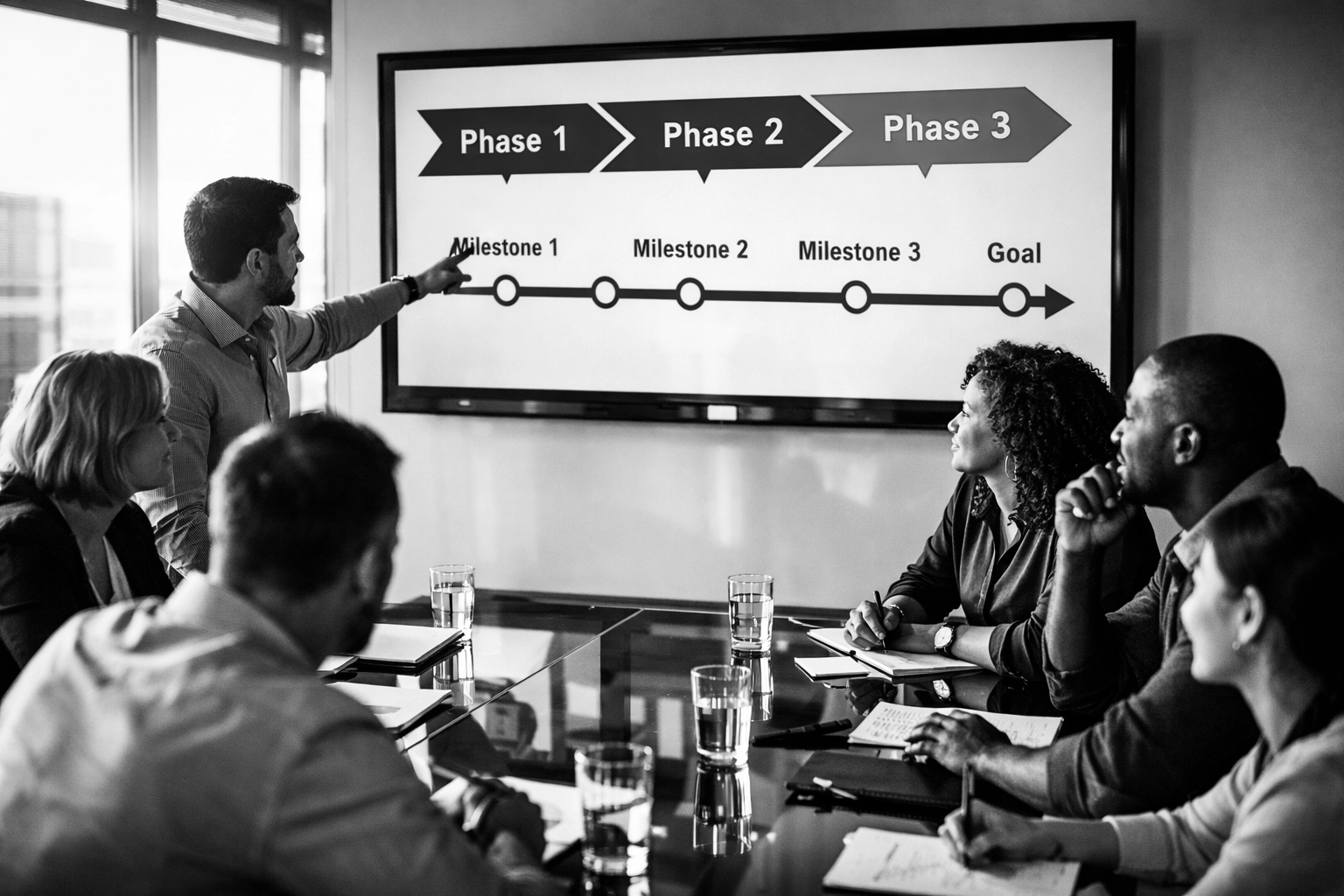 Business team planning marketing strategy with three-phase timeline for campaign execution