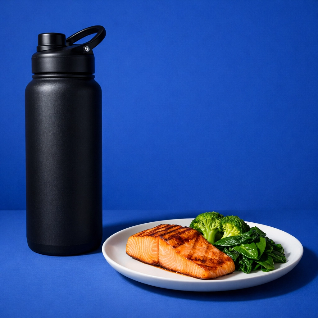 Protein-rich salmon meal and hydration bottle for supporting women's fitness and menopause health.