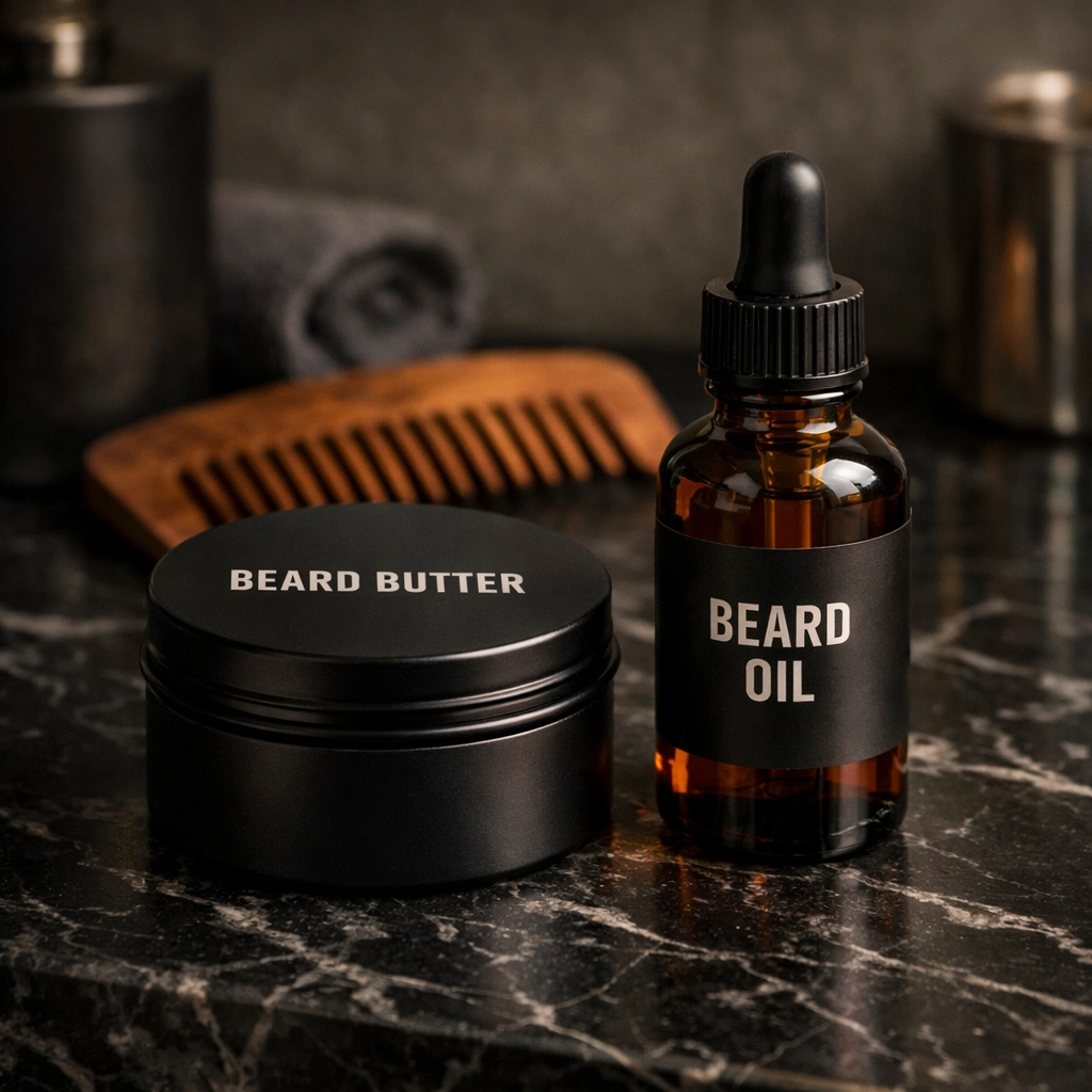 Premium beard care bundle featuring a tin of beard butter and a bottle of beard oil on a marble vanity.