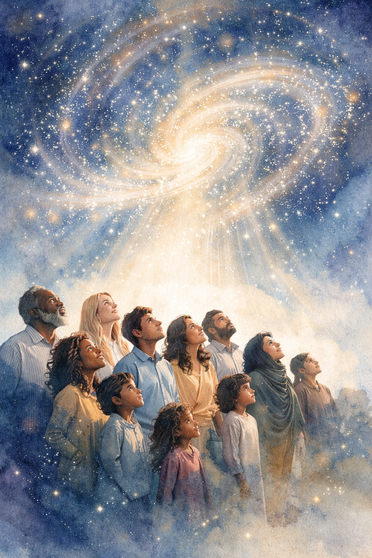 Diverse group gazes at a starry cosmos, symbolizing unity and wonder at God's creation in Genesis 1:1
