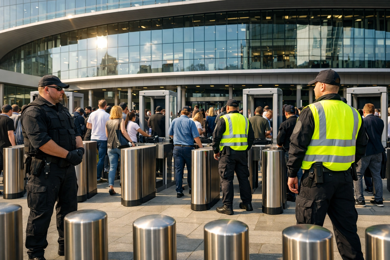 SIA licensed security personnel managing crowd flow at a modern venue entrance under Martyn's Law.