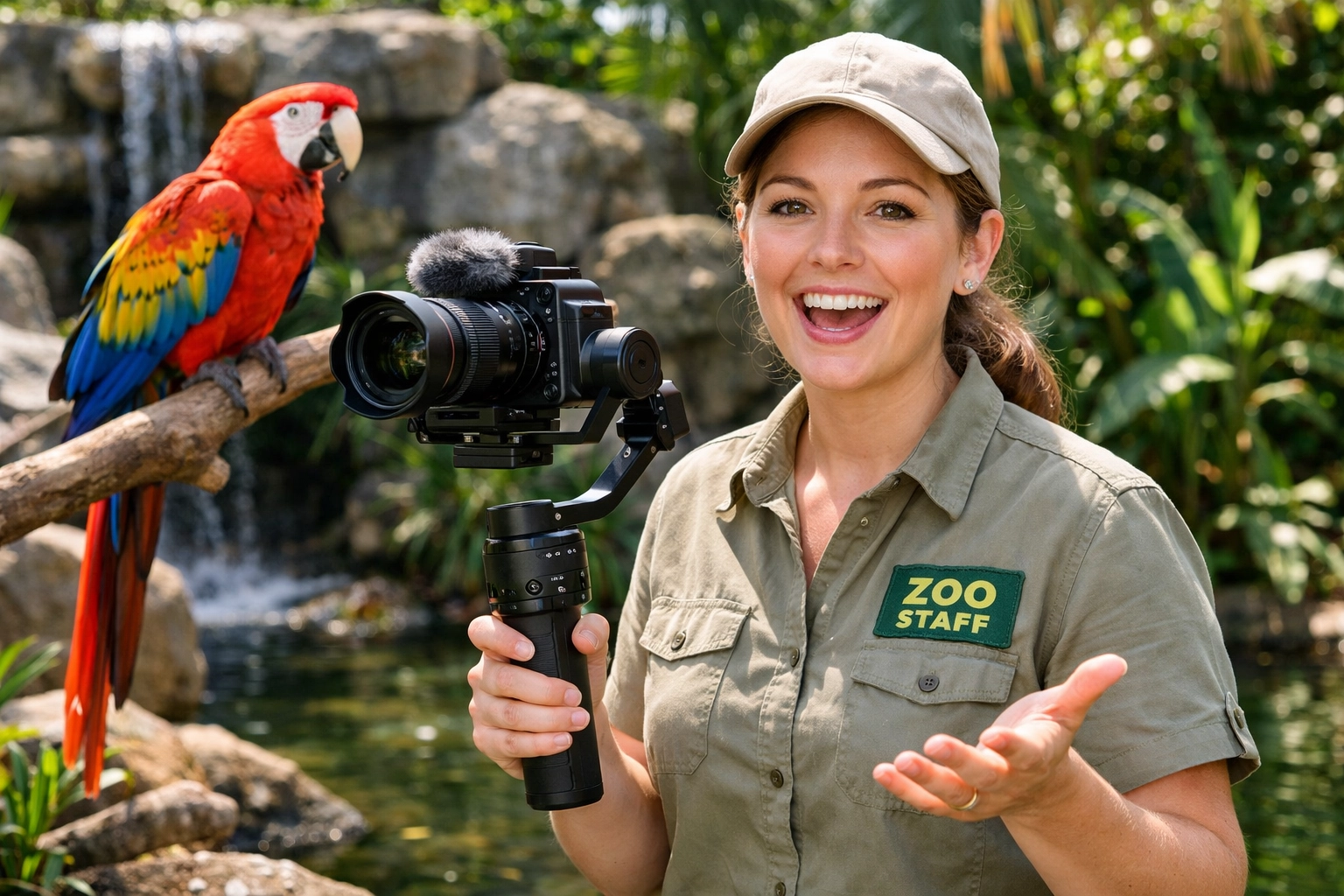 A zoo educator filming a virtual tour with a macaw to create interactive wildlife engagement content.