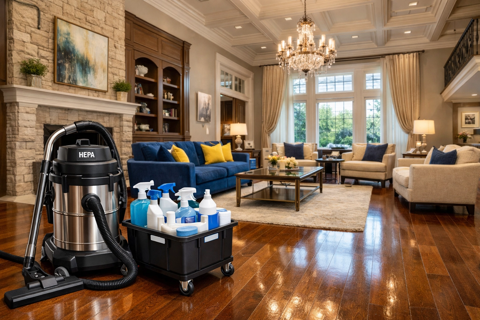 Professional HEPA vacuum and equipment used for expert post construction cleaning in Walpole living rooms.