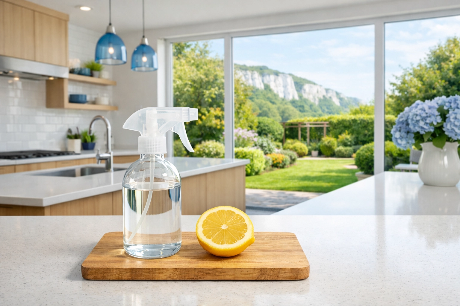 Eco-friendly residential cleaning Massachusetts in a bright, modern luxury kitchen with garden views.