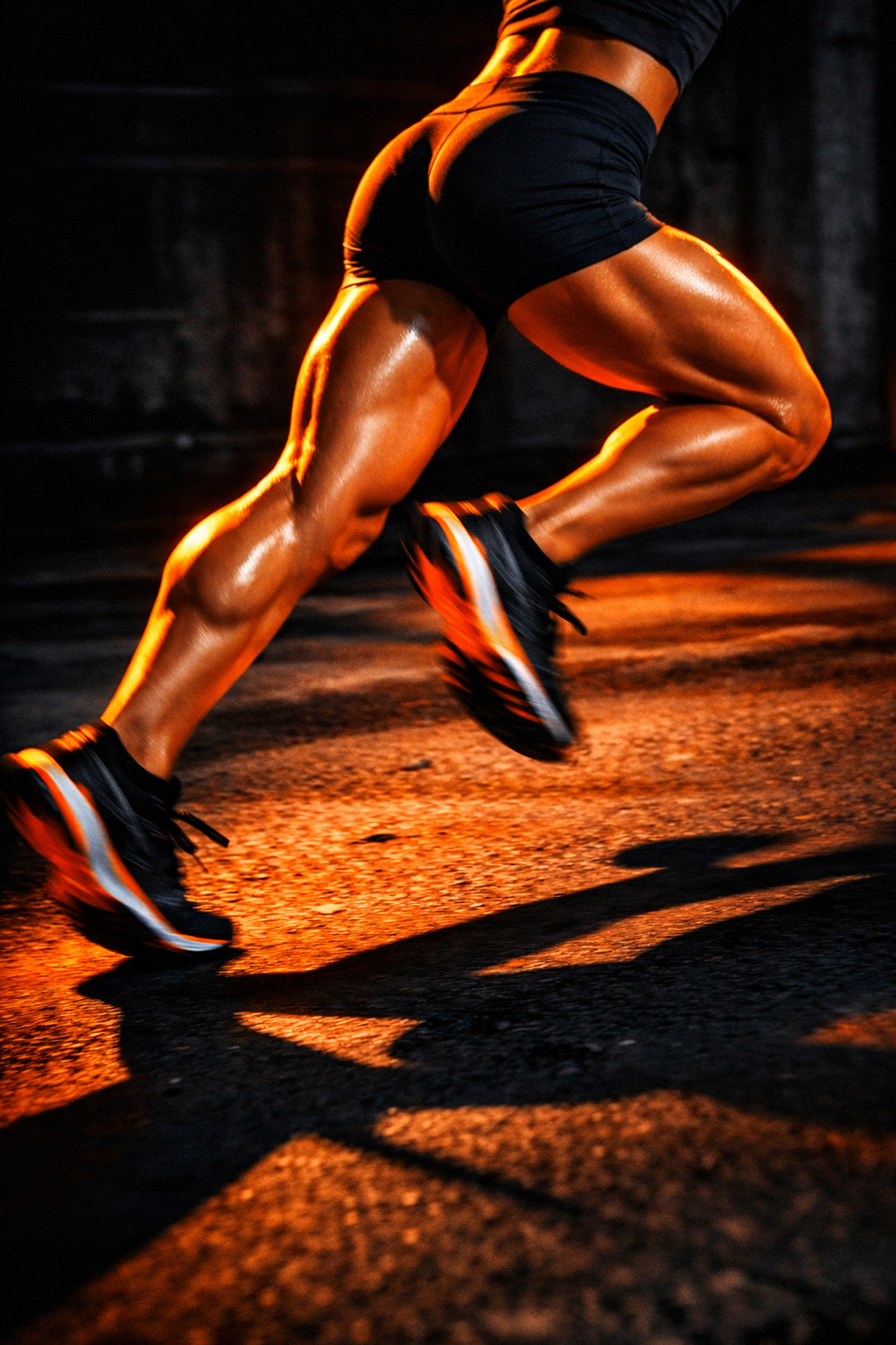 Strong runner's legs showing quad and glute muscles mid-stride to illustrate knee joint support for athletes over 40.