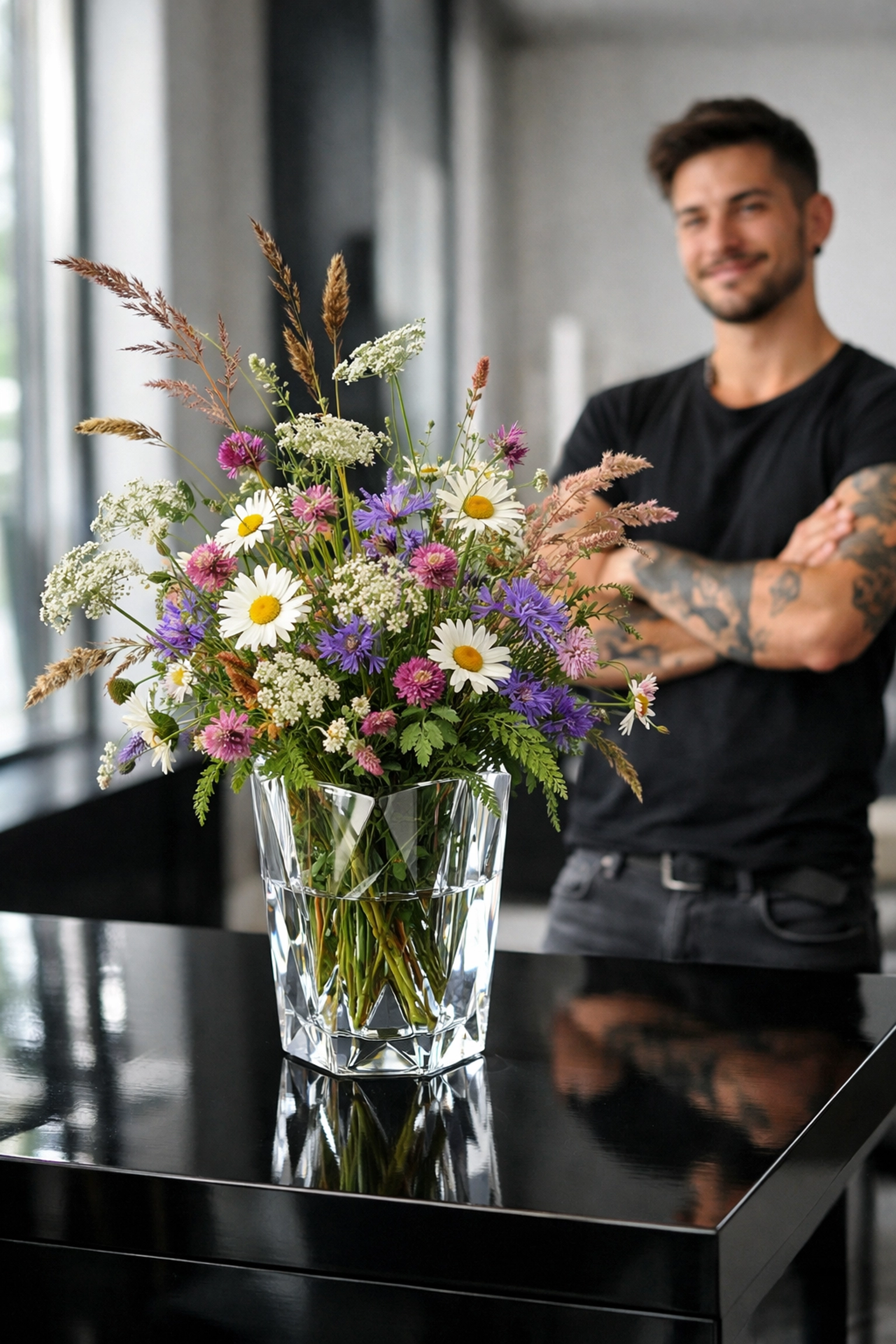 Wildflower arrangement in crystal vase showcasing natural beauty in luxury minimalist setting