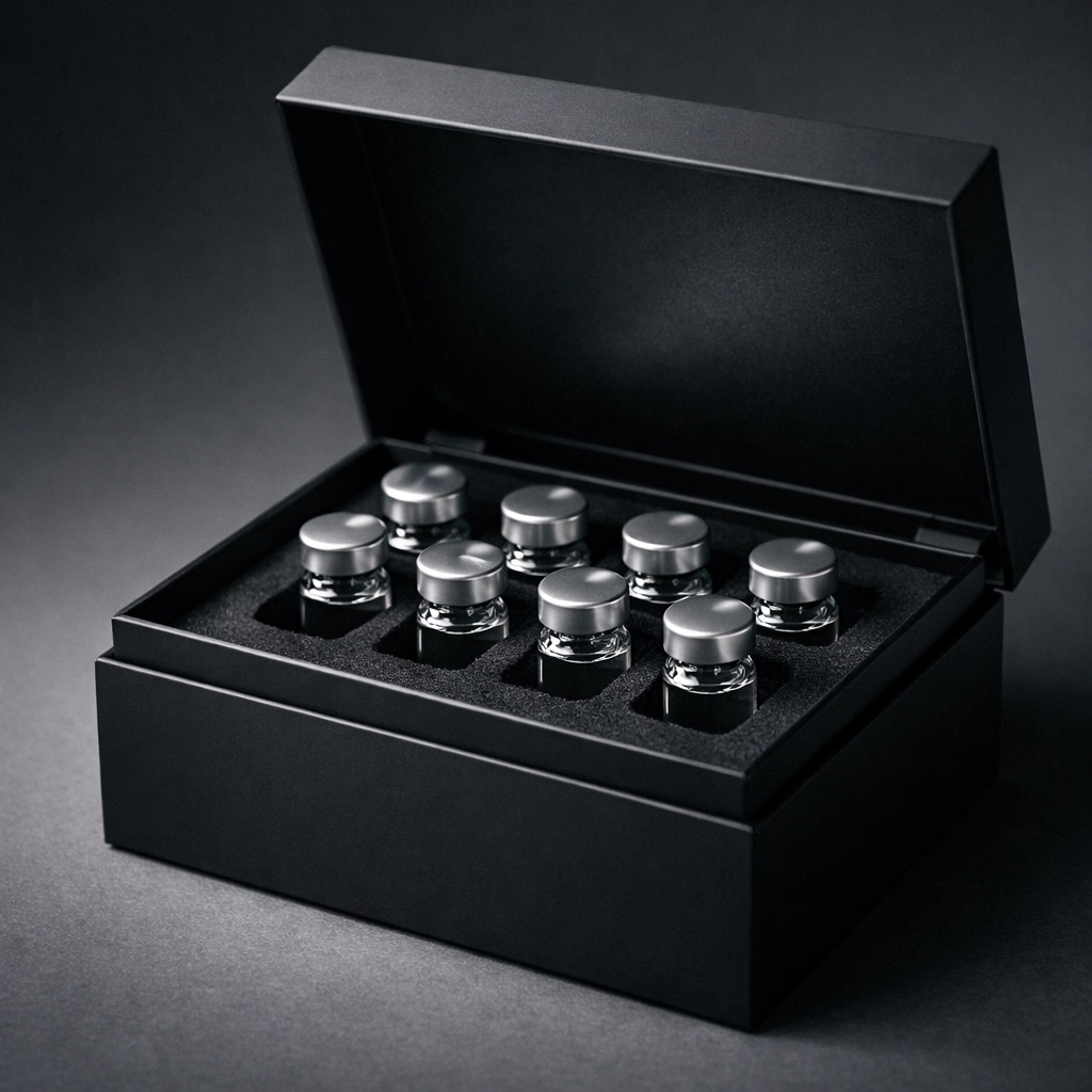 Organized storage box containing multiple clinical vials for a longevity research protocol.