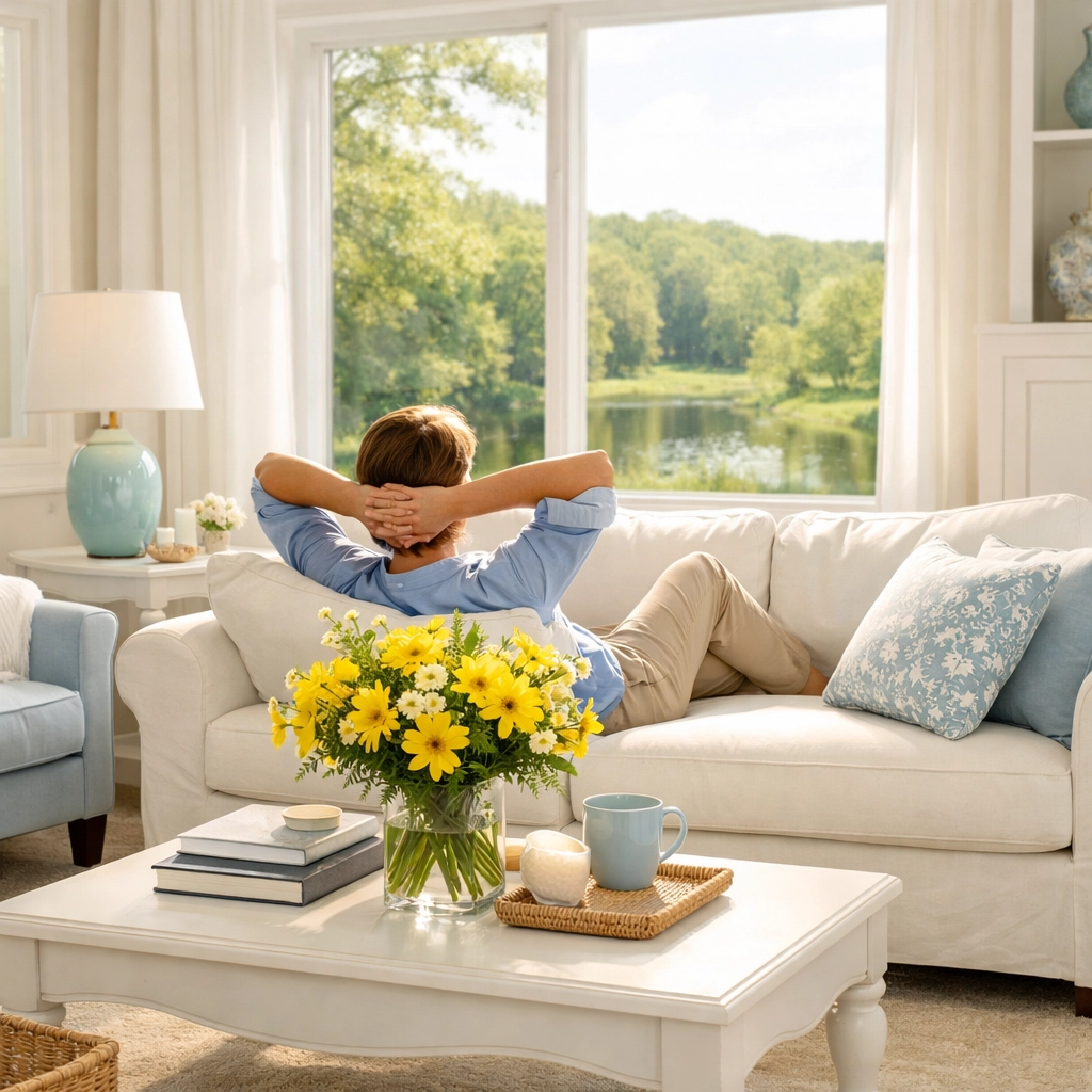 Homeowner relaxing in a sparkling living room following a professional deep cleaning in Carlisle.