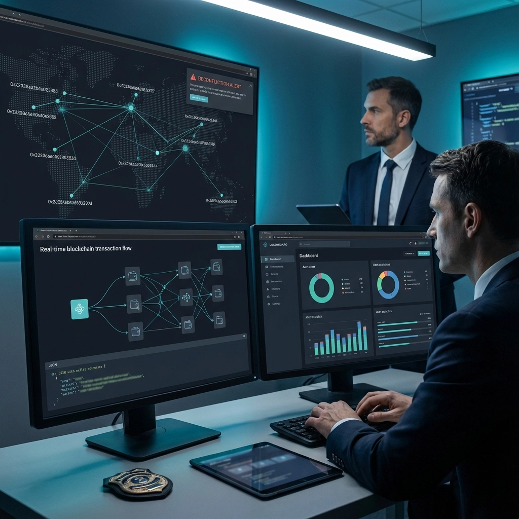 Abstract blockchain network on dark background representing crypto case coordination and cryptocurrency investigation tools