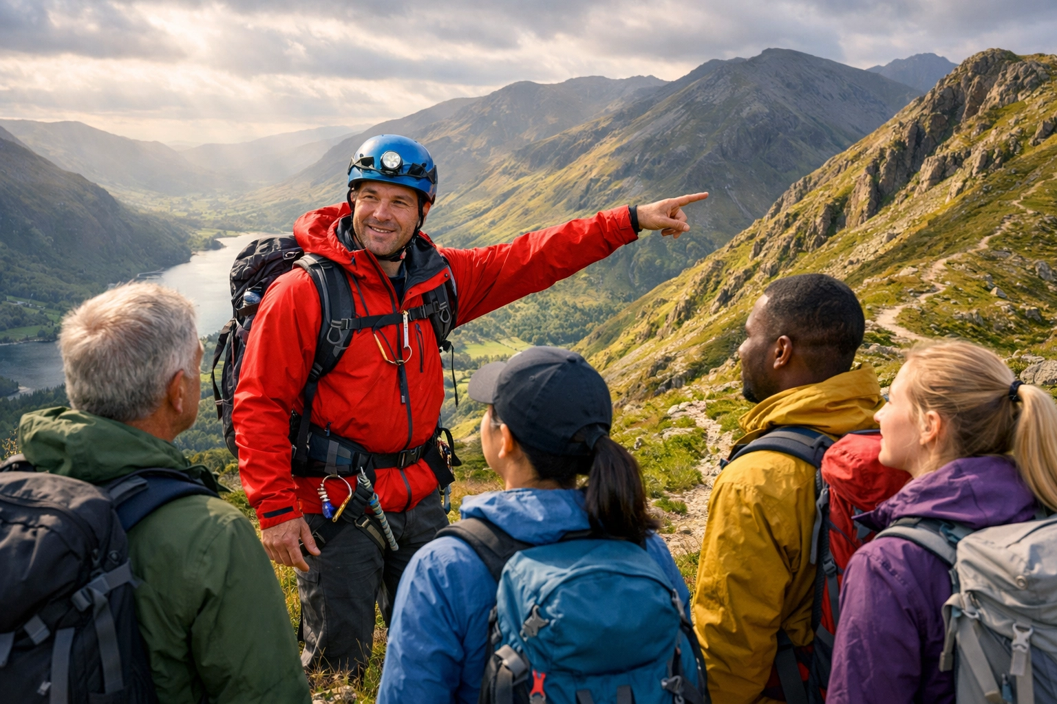 Professional mountain guide leading a guided walk in the Lake District with hikers