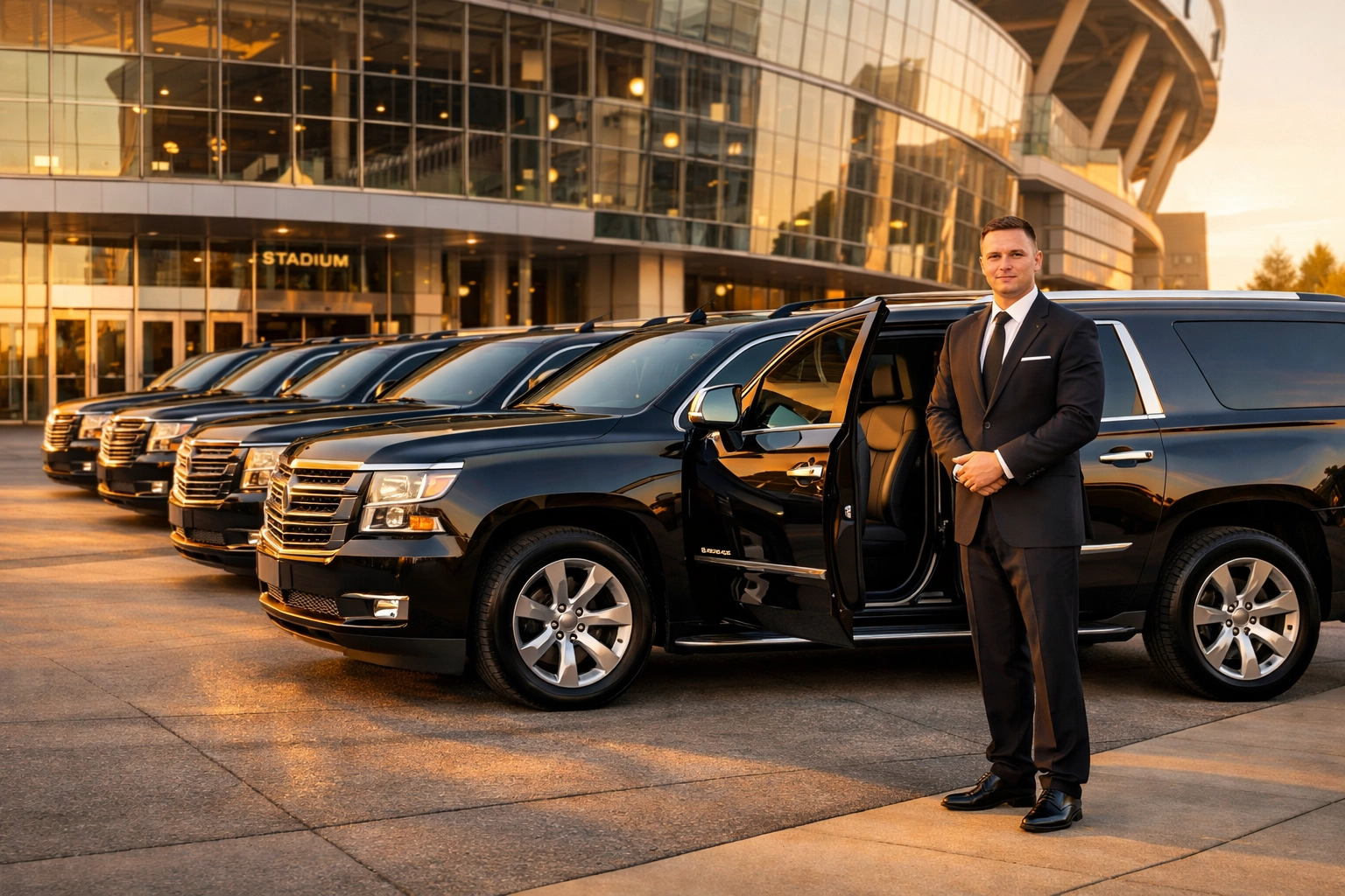 PRESS RELEASE: The Ultimate Guide to Super Bowl Corporate Hospitality: Everything You Need to Succeed Executive luxury SUV fleet and professional chauffeur at a football stadium entrance.