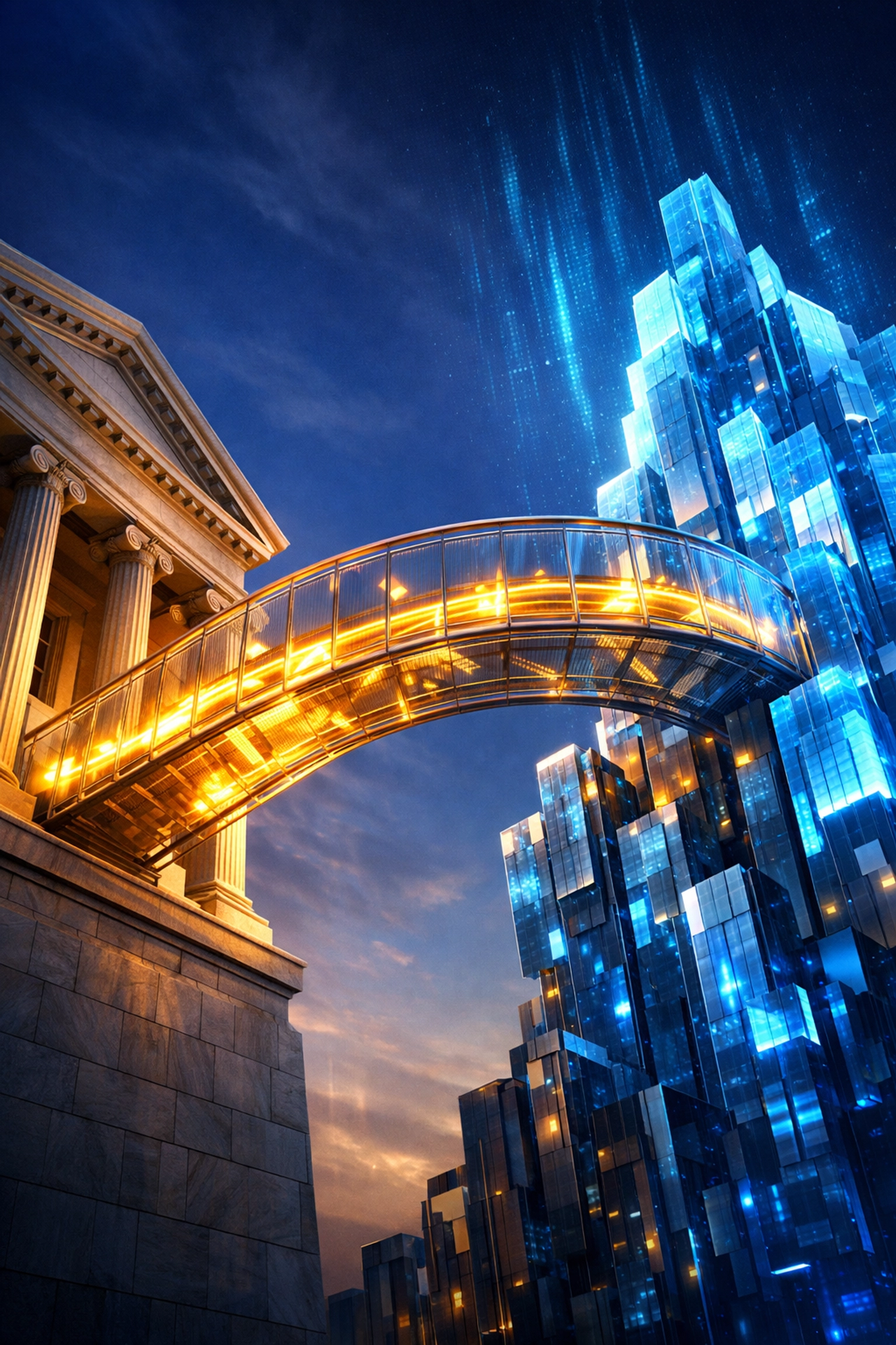 Bridge connecting traditional finance to blockchain technology representing private equity tokenization