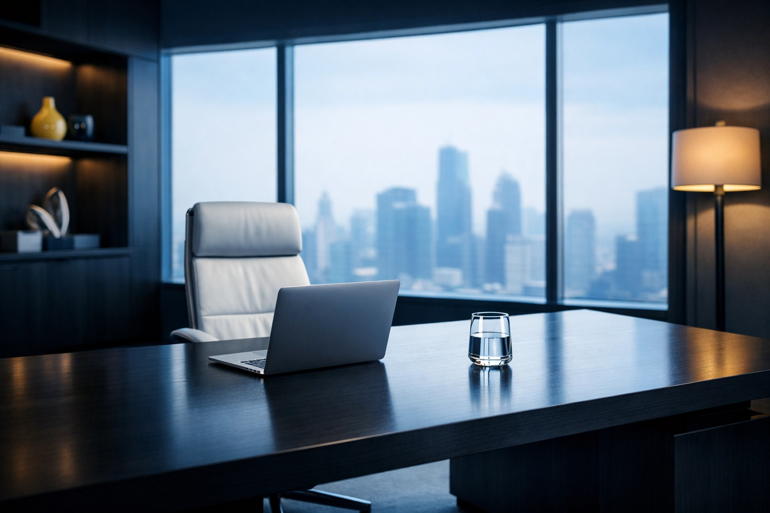 Clean and minimalist executive office with a clutter-free desk overlooking a city skyline for maximum productivity.