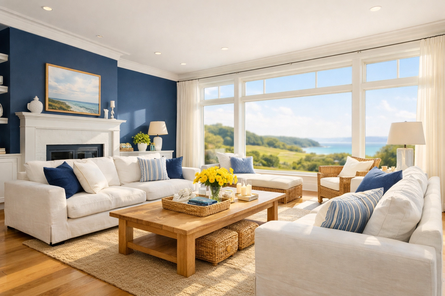 Pristine Hingham living room with polished wood floors cleaned with eco-friendly luxury products.