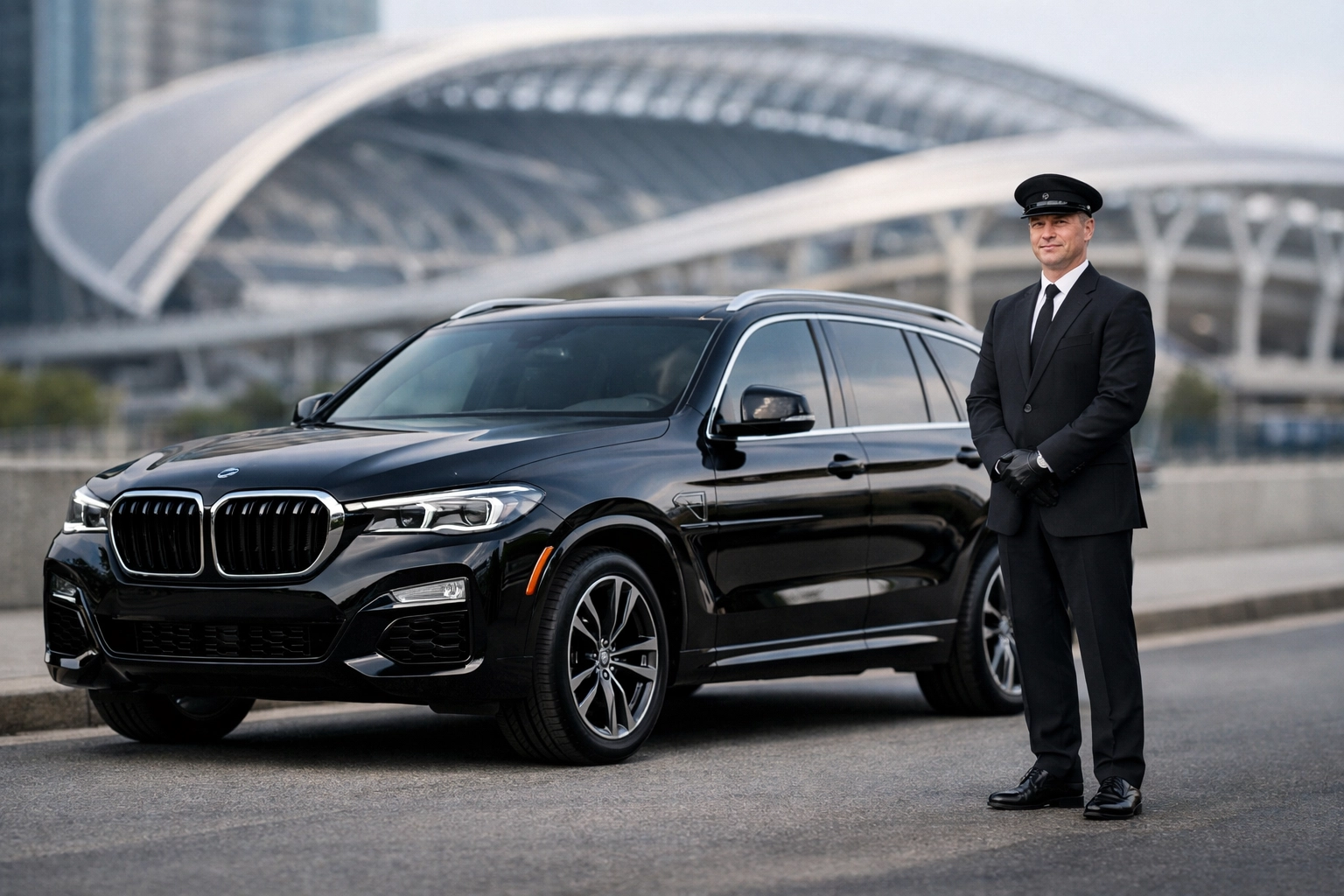 A professional chauffeur and luxury SUV providing seamless ground transportation near a Super Bowl sports stadium.
