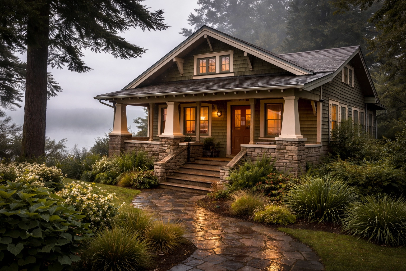 Exterior of a luxury Craftsman bungalow in Port Townsend set in coastal mist—wide porch, tapered columns, artisan woodwork, and native landscaping.