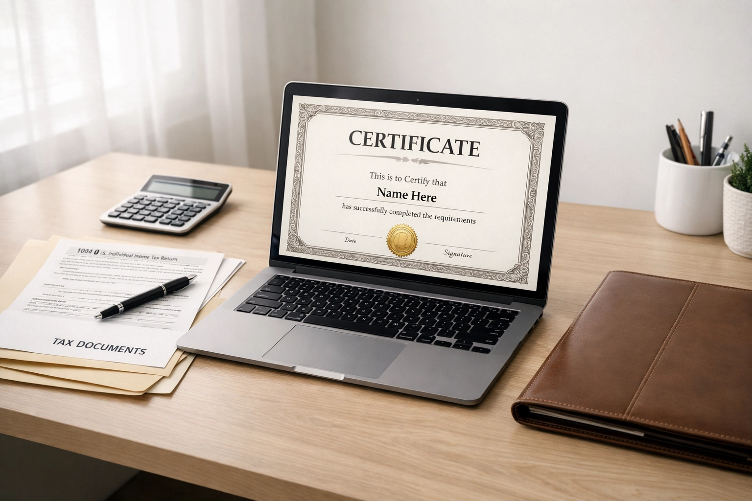 Tax preparer certification displayed on laptop with organized documents in professional office setting