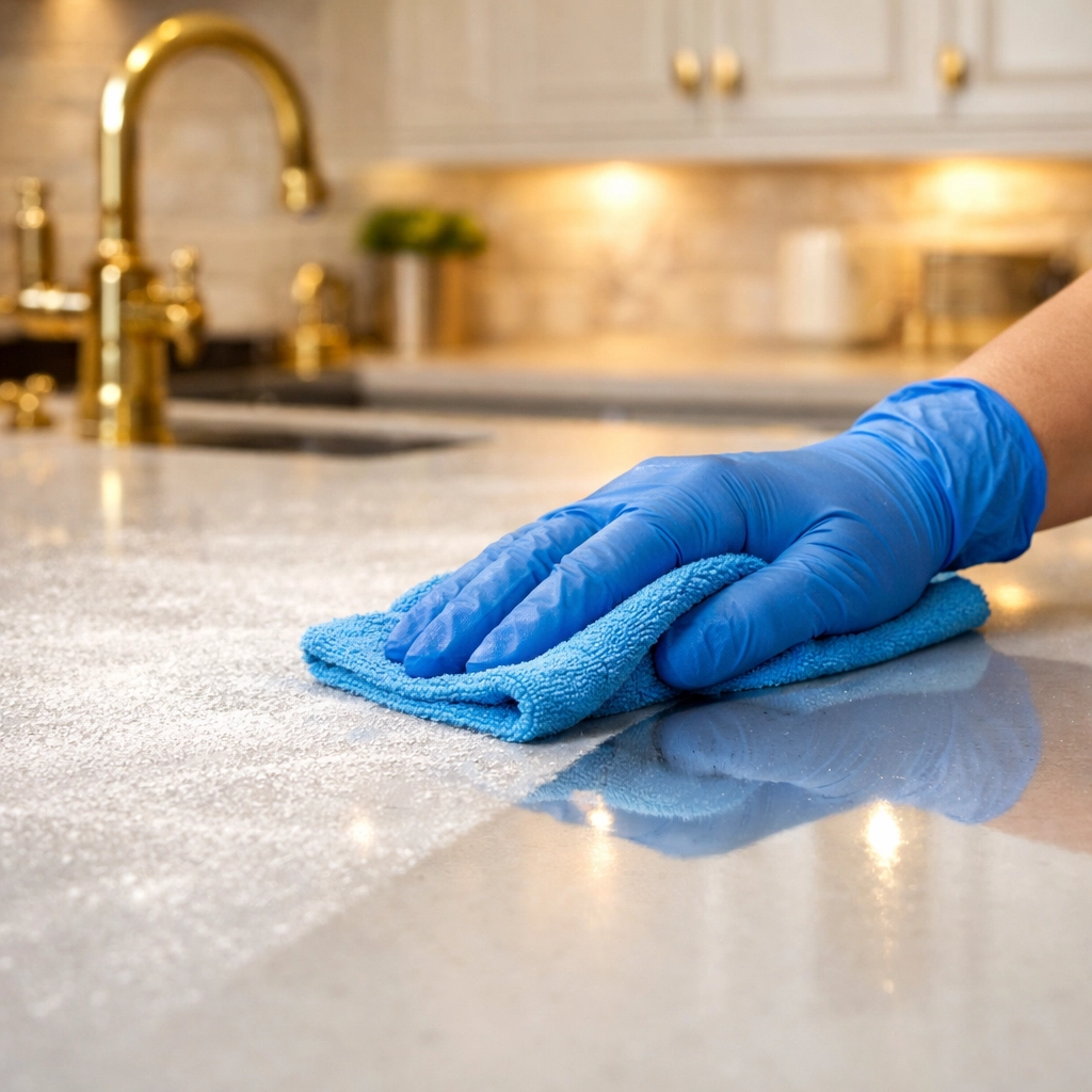 Microfiber cloth wiping fine construction dust off a modern kitchen island in a Bedford home.