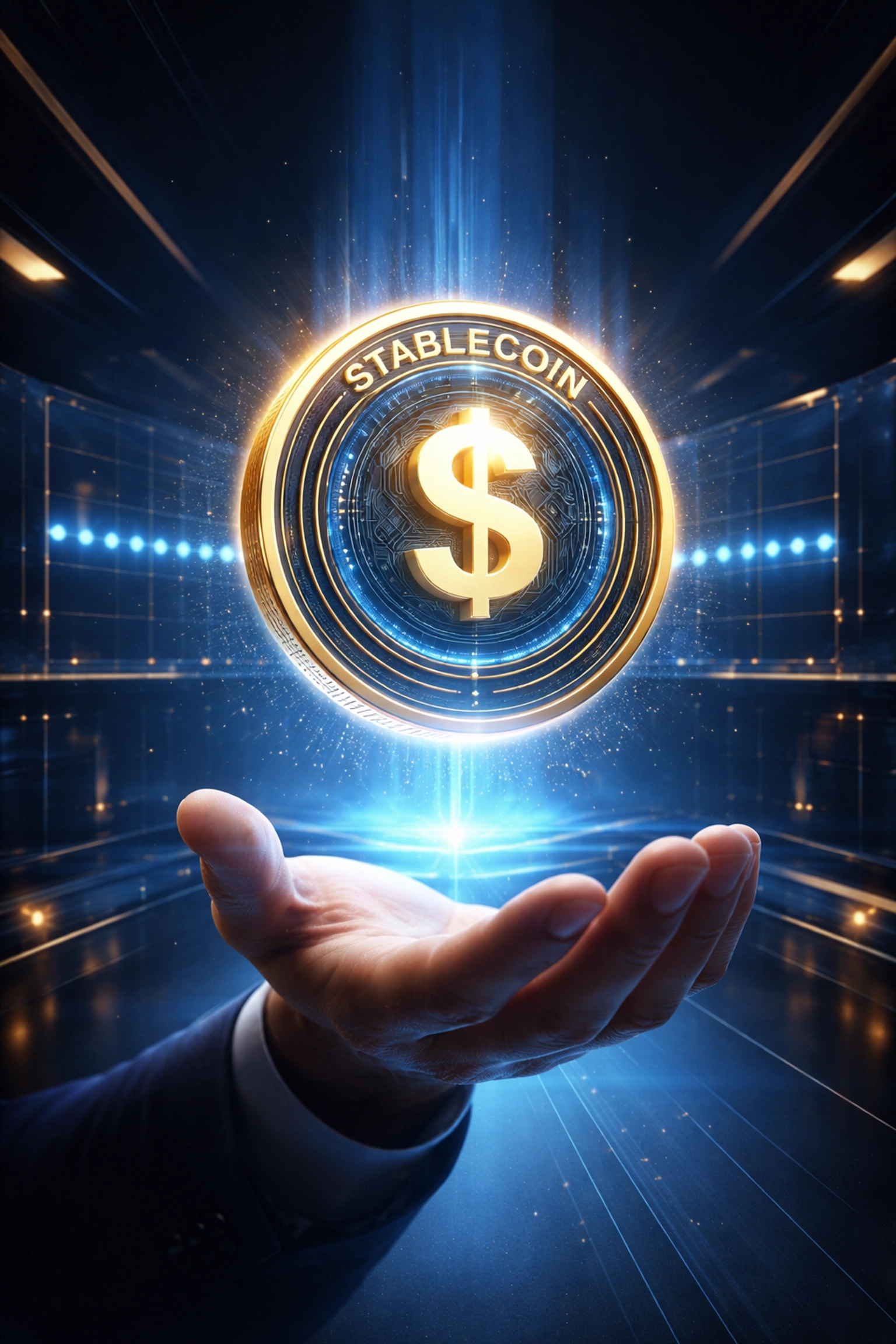 Glowing stablecoin floating above a hand representing LUSD stability for global Web3 merchant payments