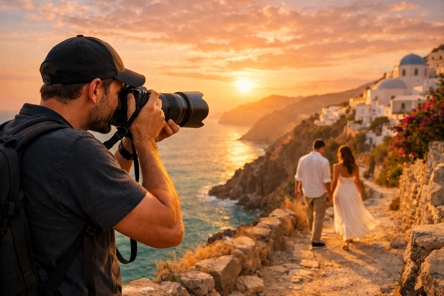 10 Reasons Your Photography Business Isn't Working (And How ProShoot.io Fixes It) 2 A professional photographer capturing a travel photography session at a scenic coastal location during golden hour.