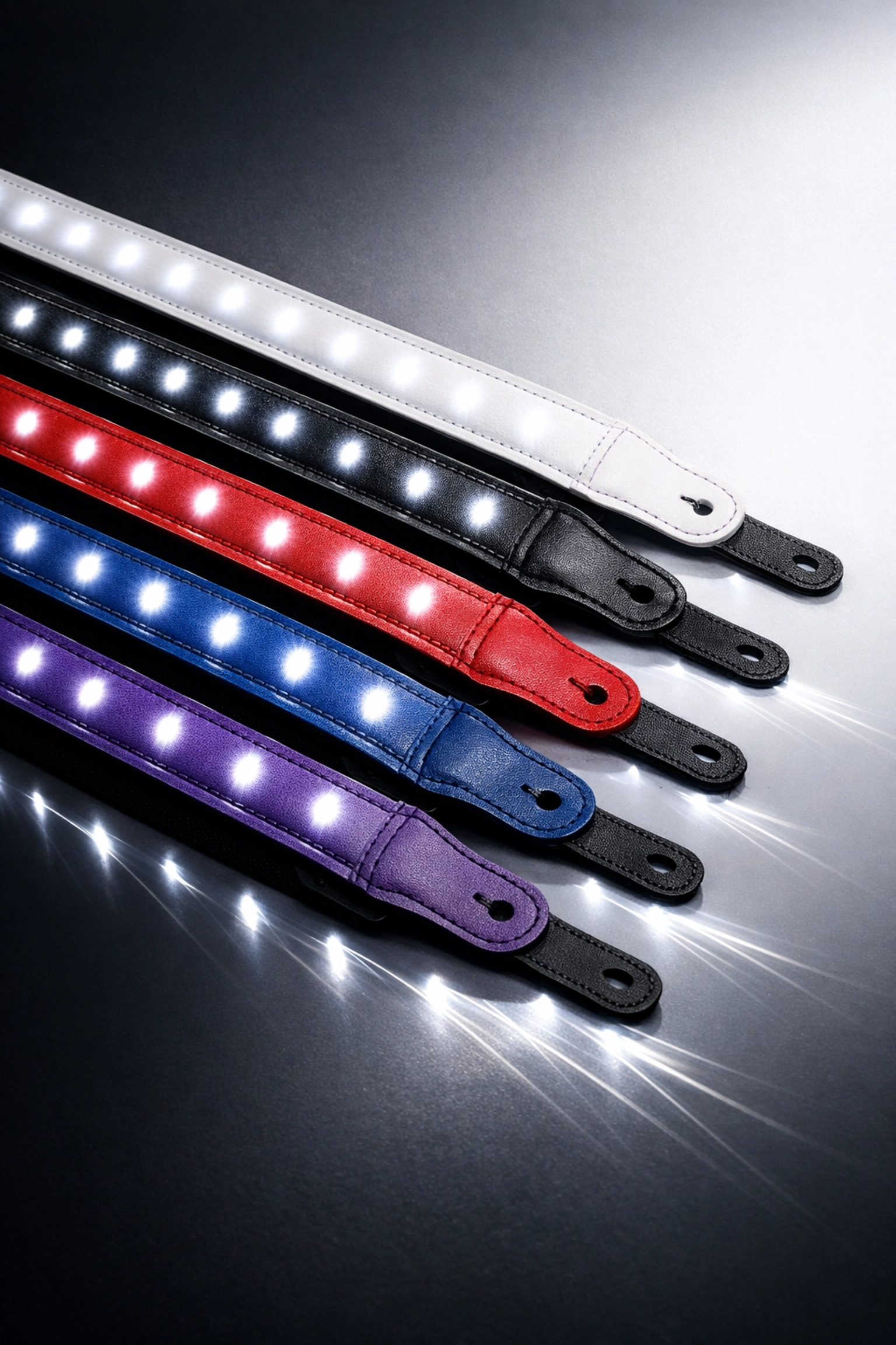 LED guitar straps in white, black, red, blue, and purple leather with glowing lights
