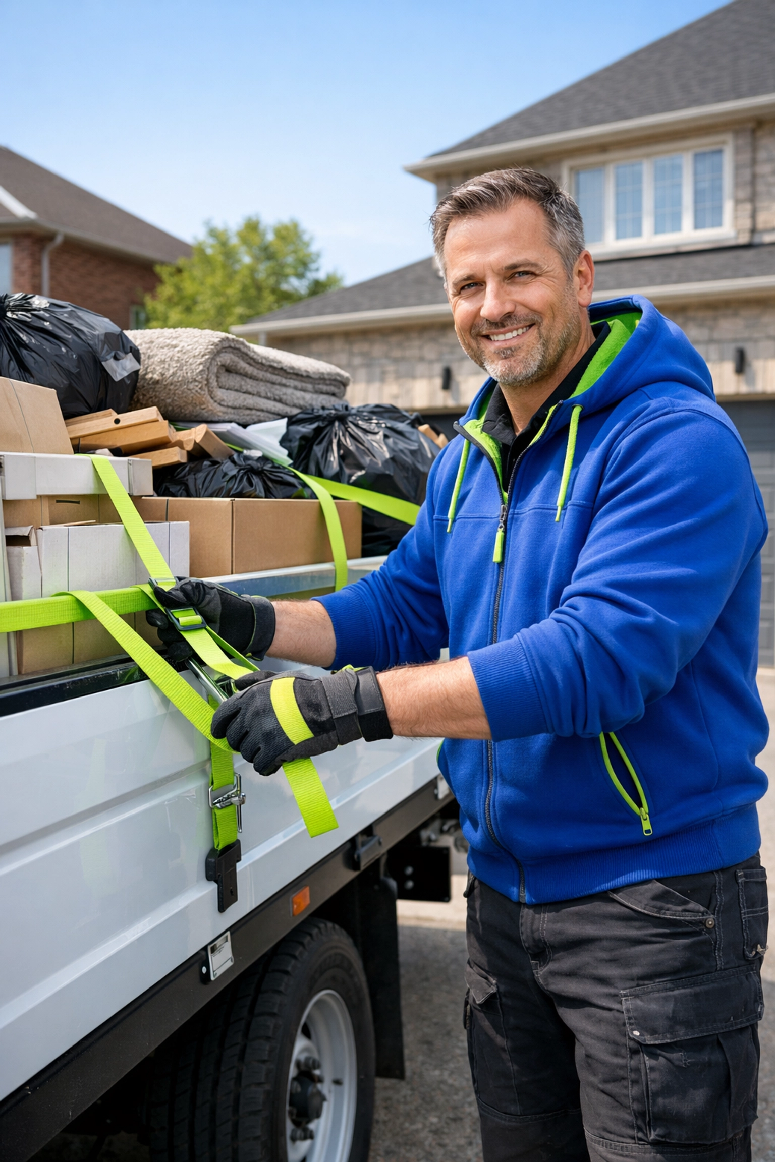 Junk GTA owner Roman securing a load for professional junk removal in a Vaughan residential driveway.