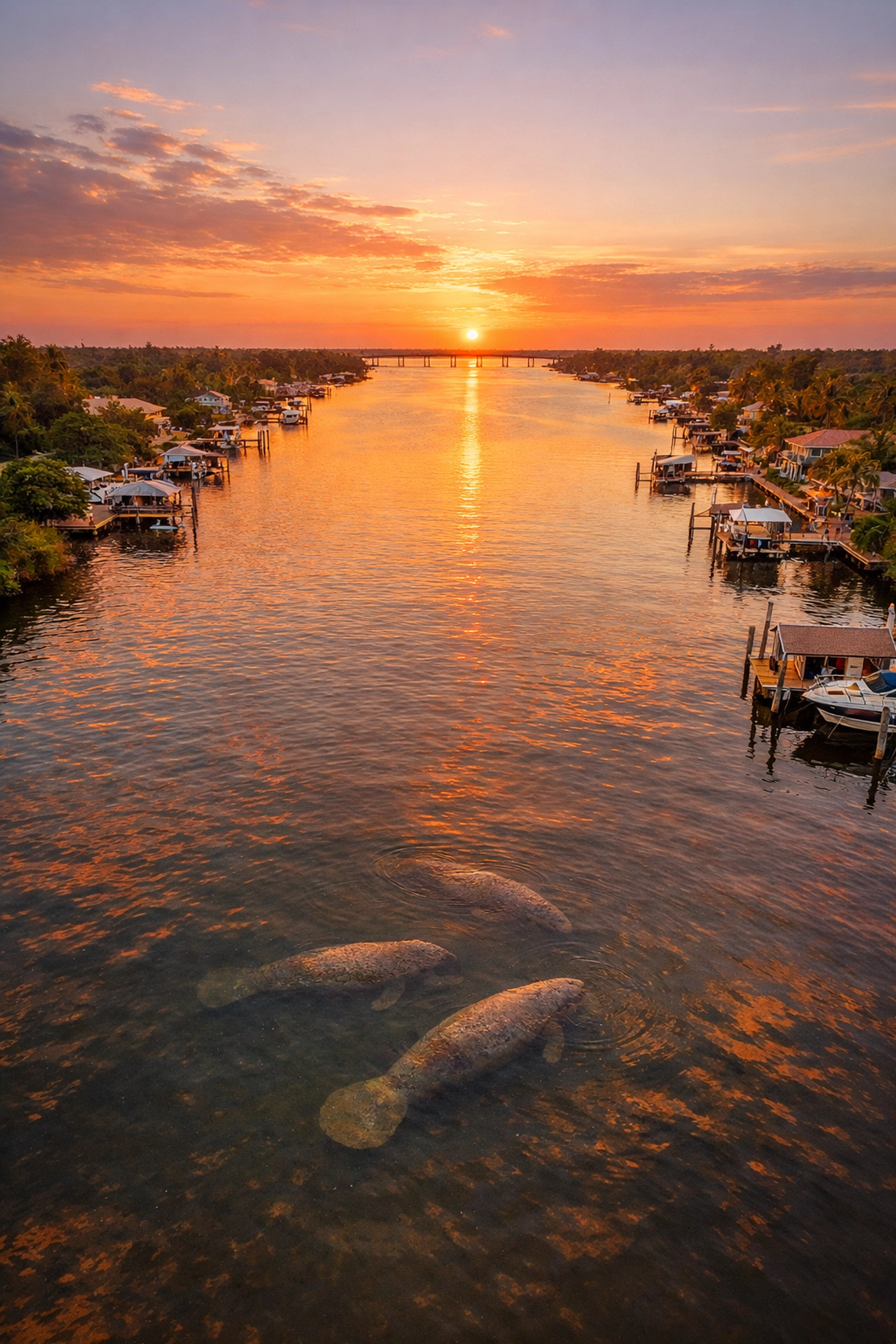Aerial sunset view of Caloosahatchee River waterfront homes in Southwest Cape Coral with docks