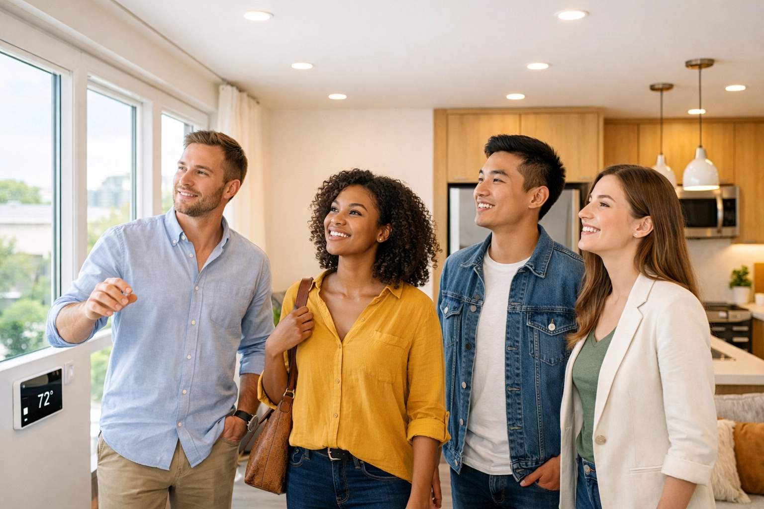 Young professionals viewing energy-efficient apartment with smart home features and natural lighting