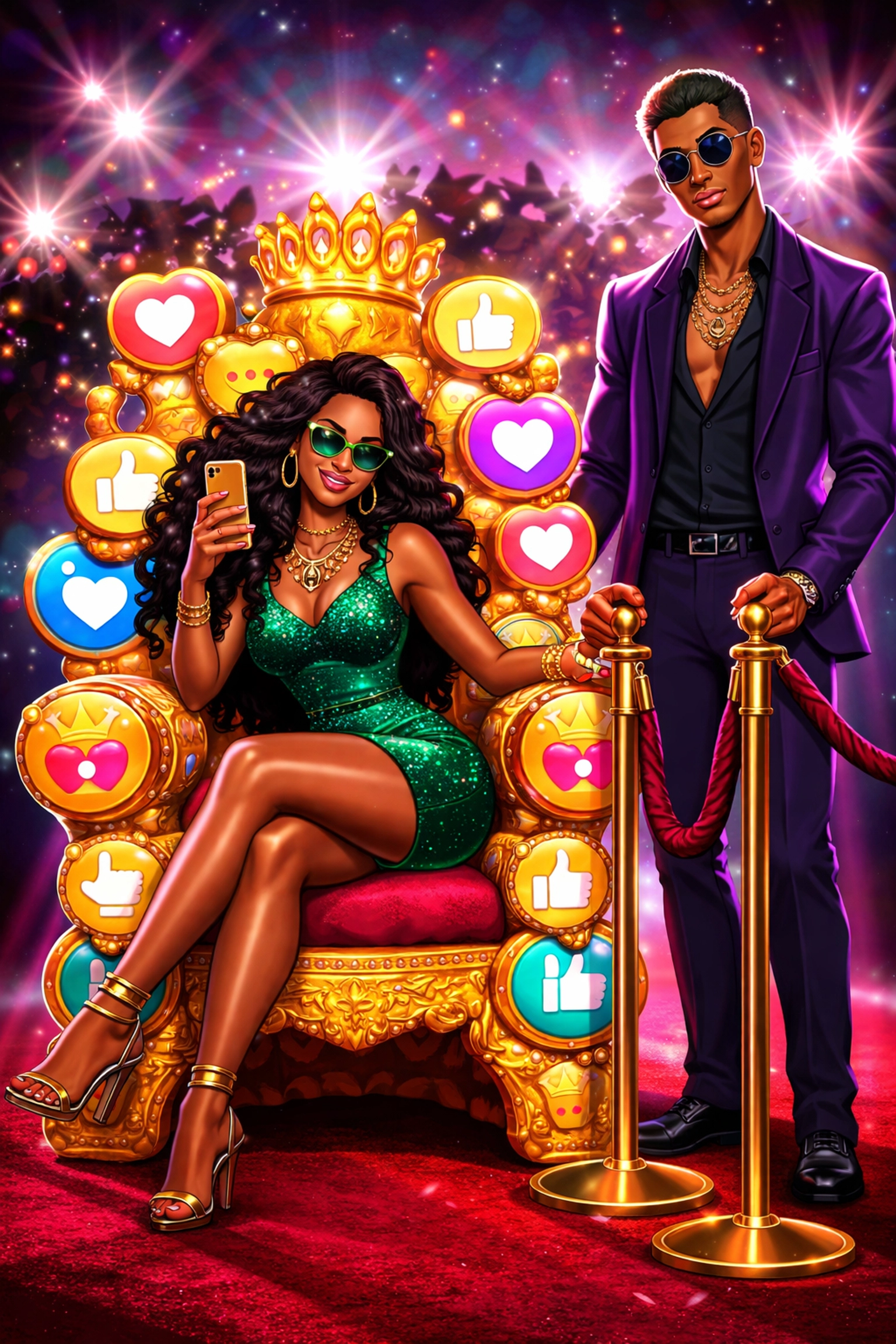 Person seated on a throne made of social media icons, showing throning or status-driven dating