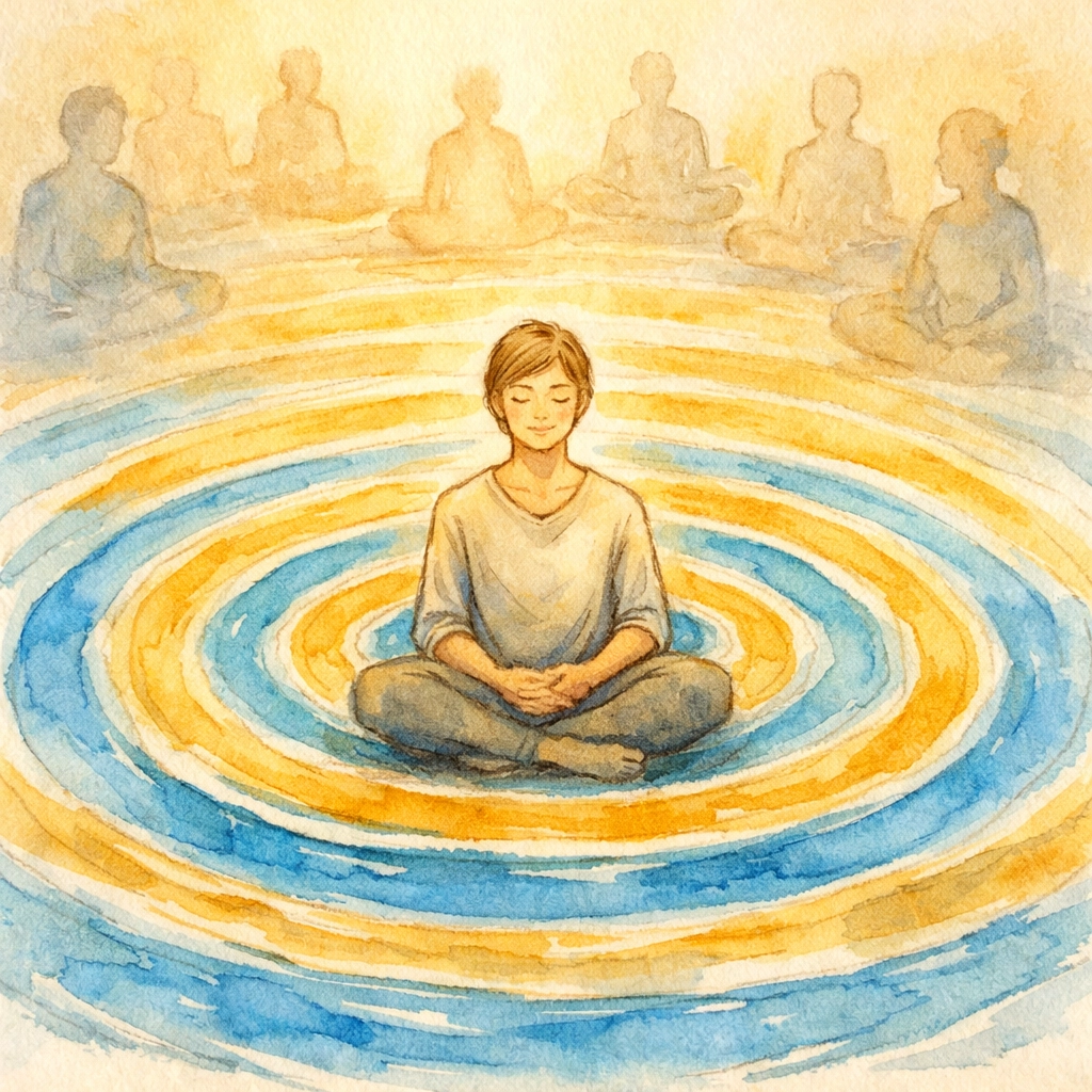 Calm leader's peace rippling outward influencing others in a crisis moment