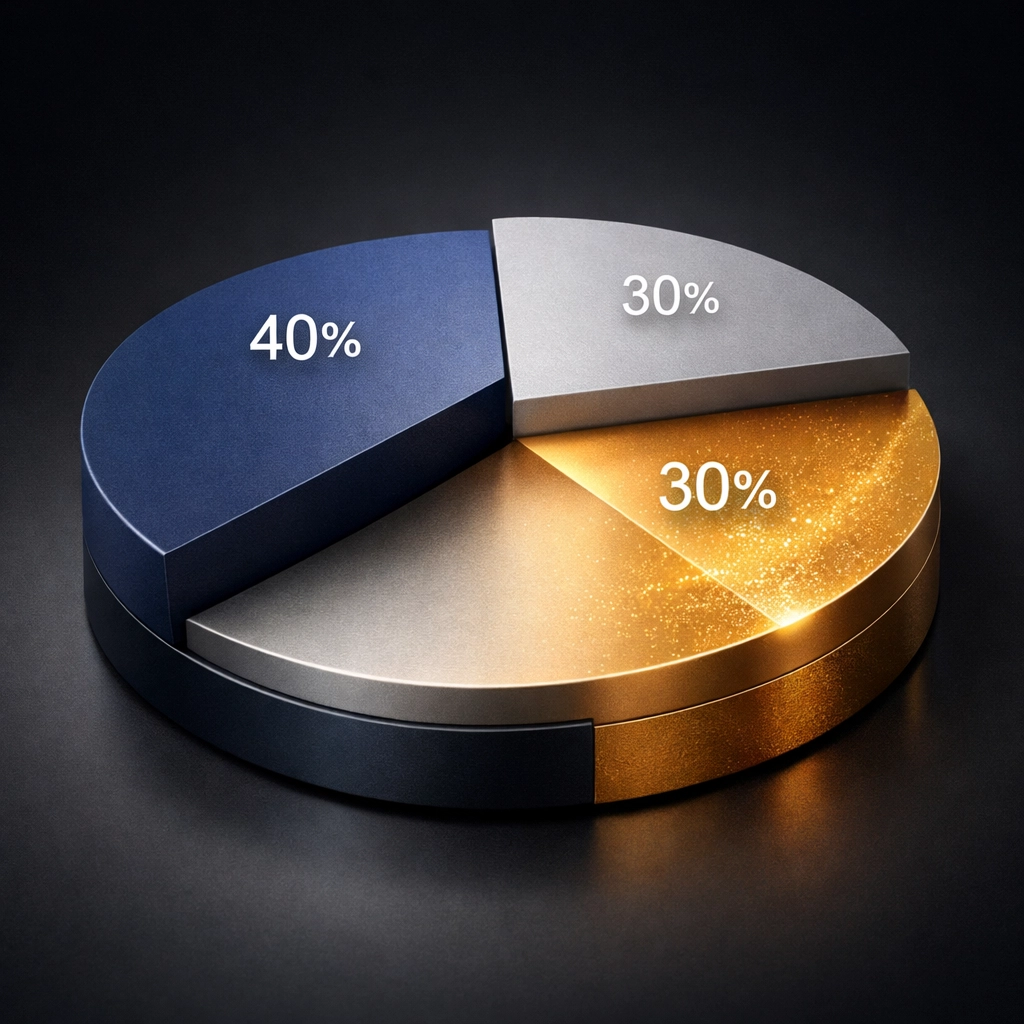 40/30/30 portfolio allocation model showing equities, fixed income, and alternatives distribution