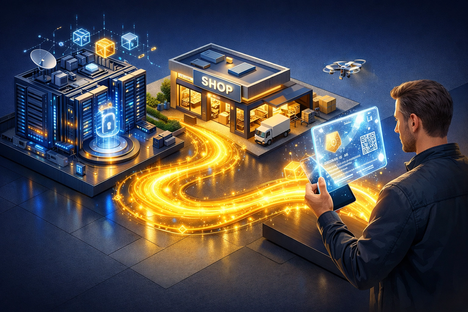 Infographic of the Larecoin B2B2C flow showing wholesalers and merchants issuing digital NFT receipts to customers.