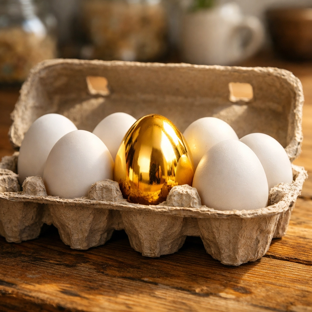 A golden egg in a carton representing rising inflation and grocery costs during Easter 2026.