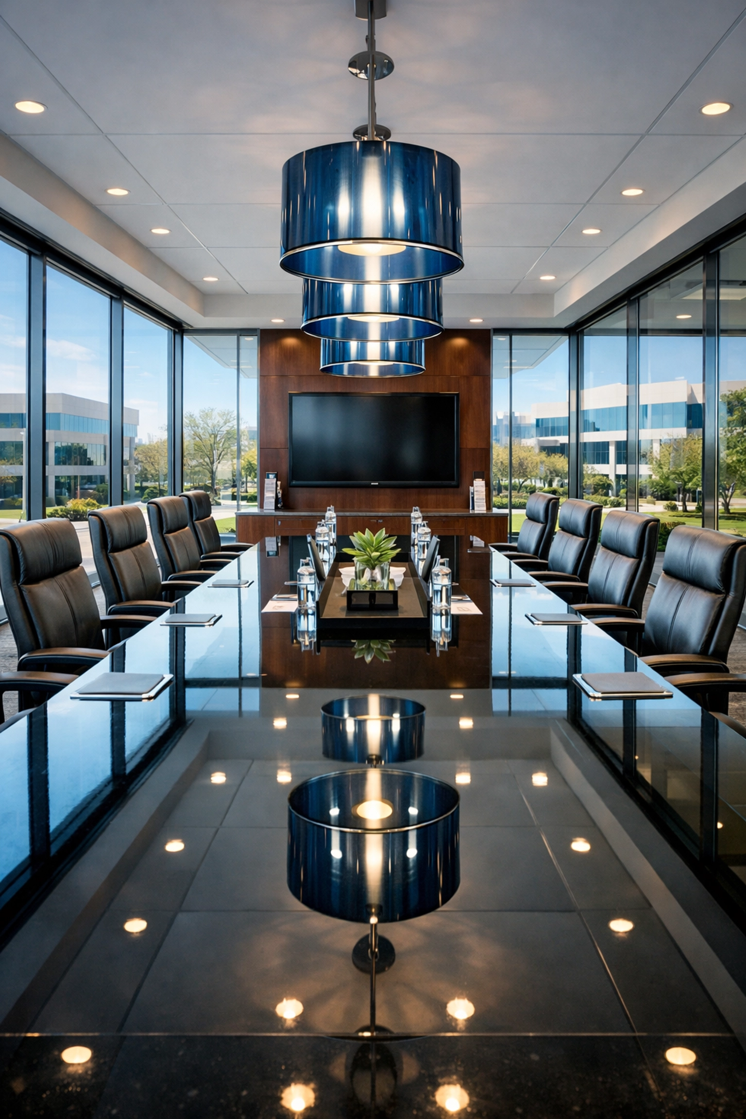 Polished boardroom with gleaming table and windows reflecting high-quality commercial cleaning.