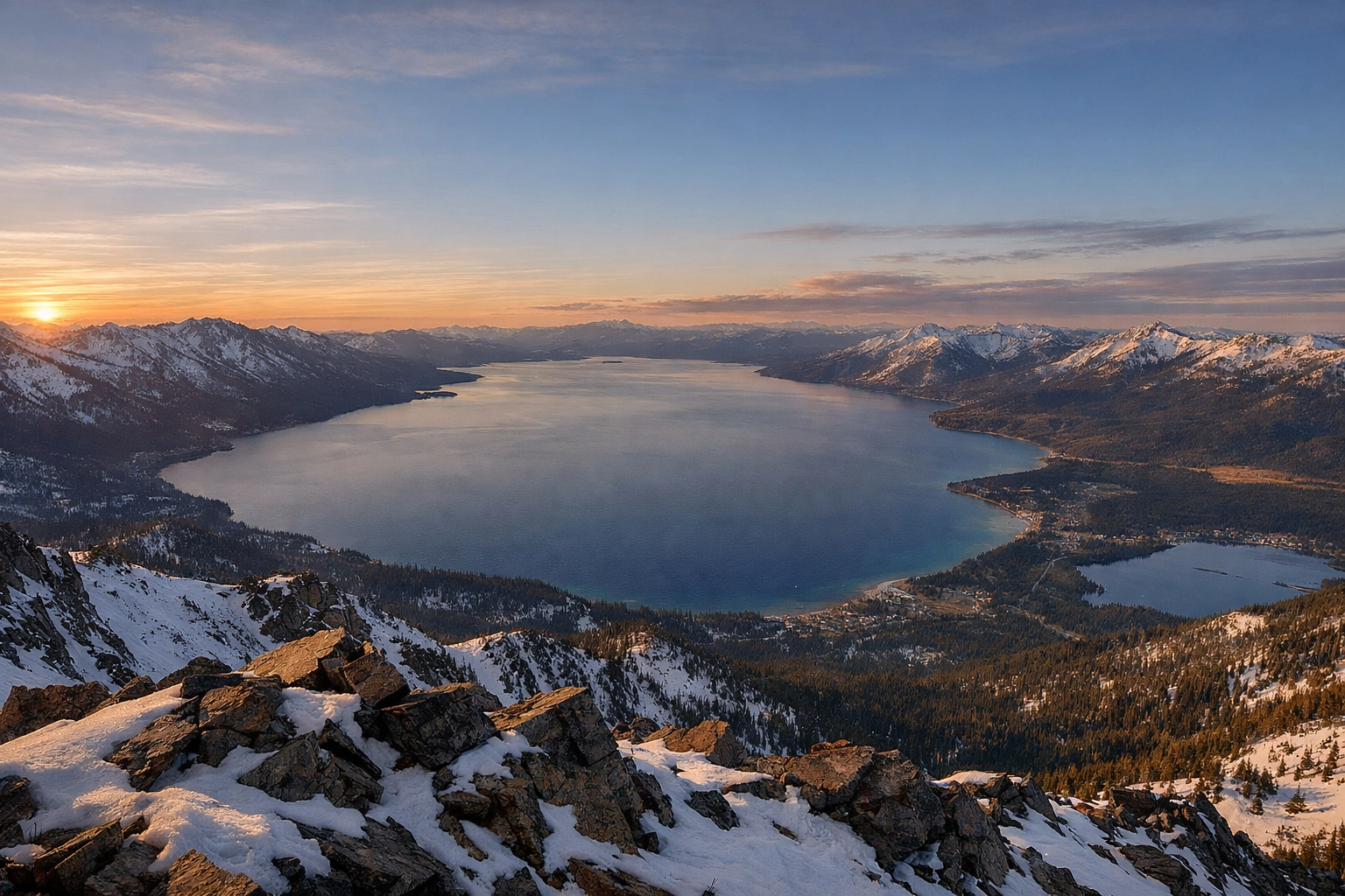 Panoramic sunset view from Mt. Tallac overlooking iconic Lake Tahoe photography locations.