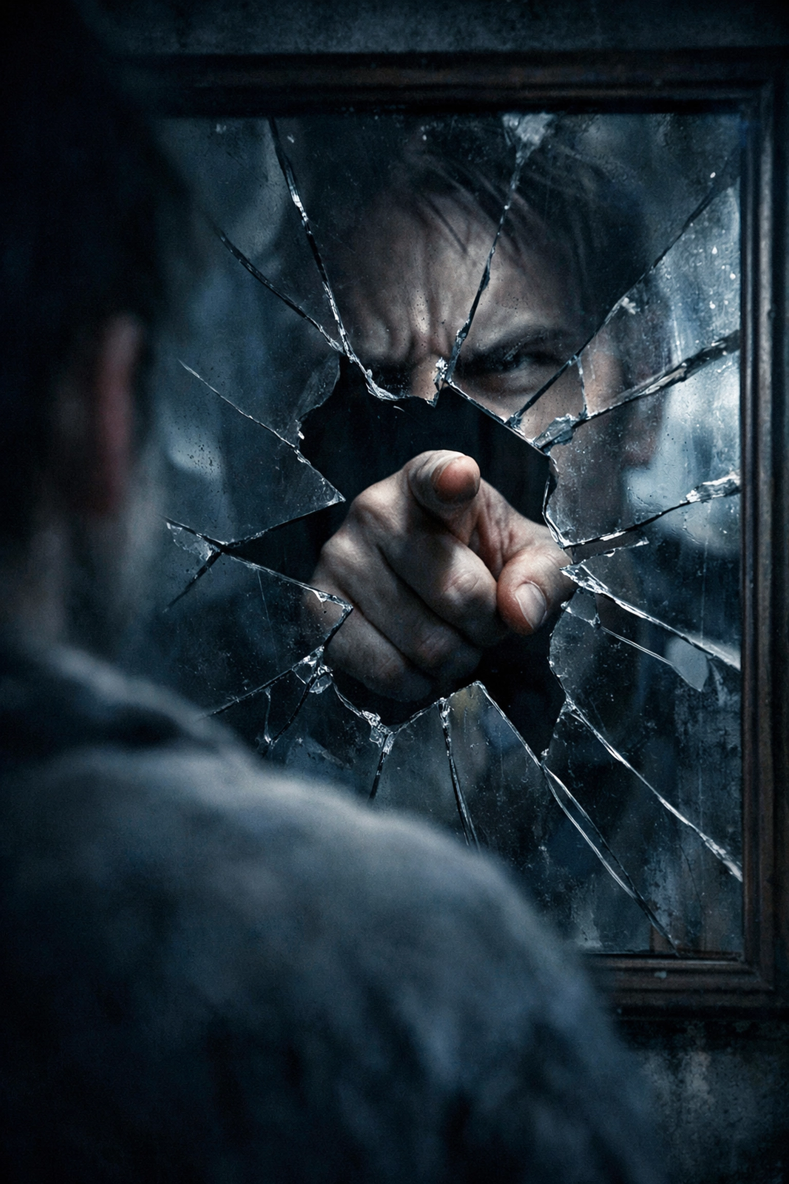 Shattered mirror reflecting the psychological impact of DARVO manipulation tactics on abuse victims