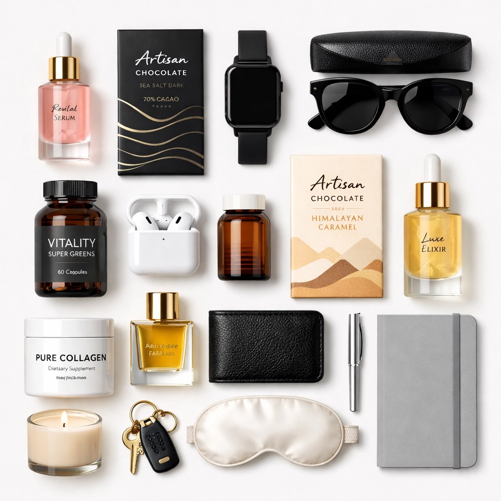 Flat-lay of mystery box contents with luxury beauty, wellness, and lifestyle products
