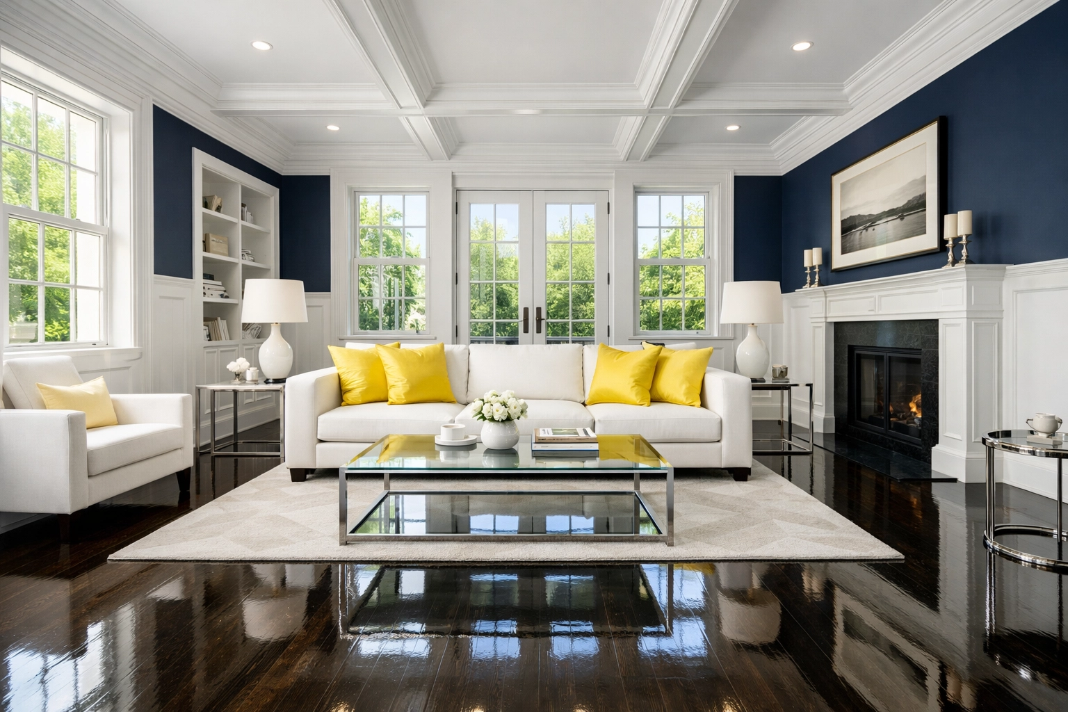 Clean Medfield living room with polished floors and white wainscoting, showcasing high-end house cleaning services.