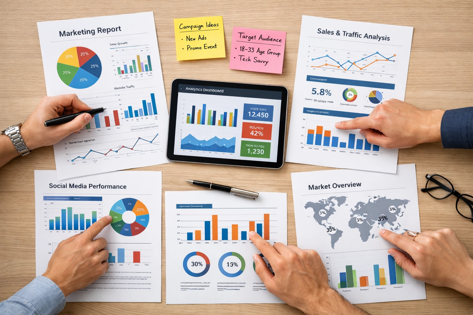 Marketing strategy planning session with data reports and analytics for zoo campaigns