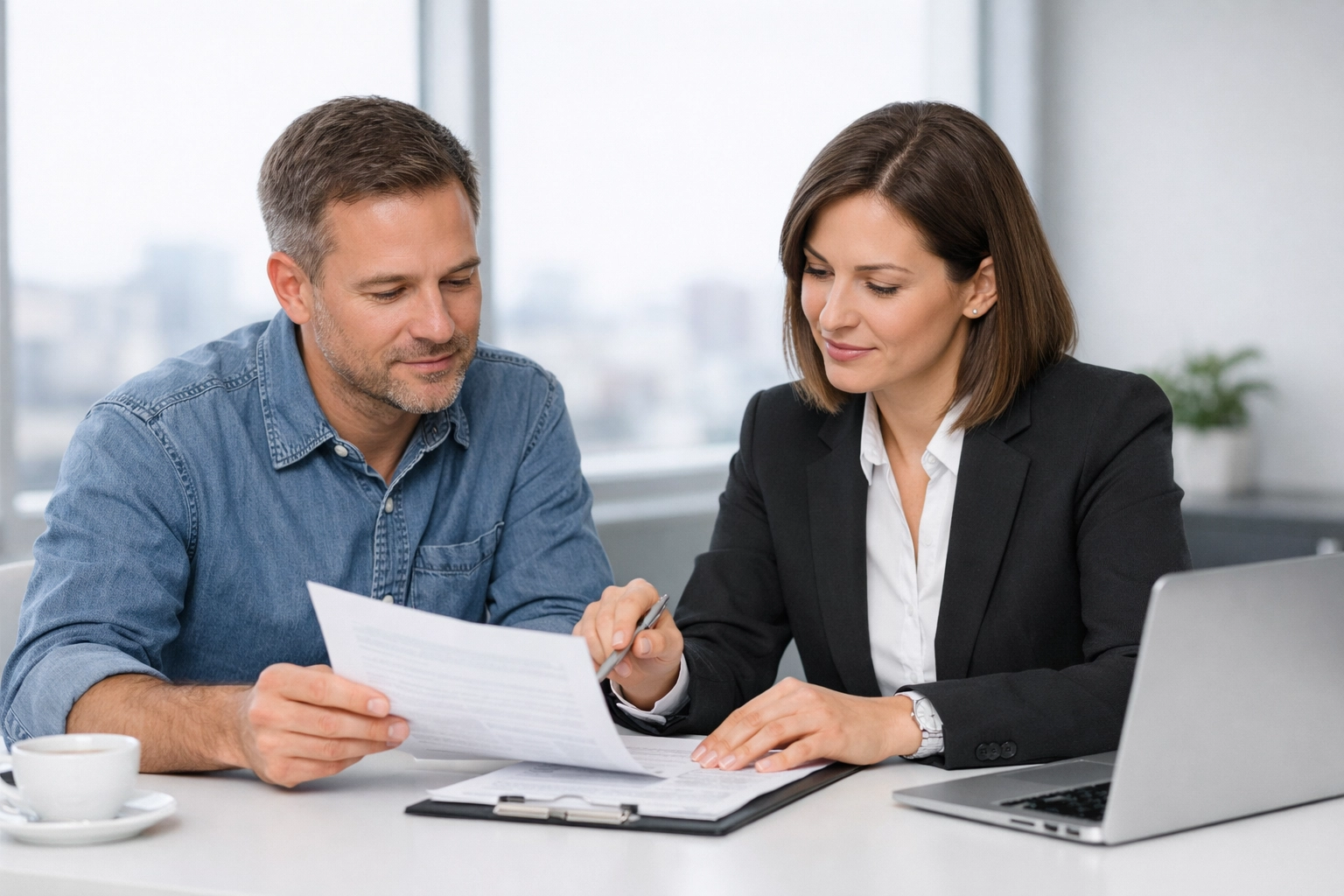 A taxpayer and tax professional reviewing identity verification documents together at a clean office table.