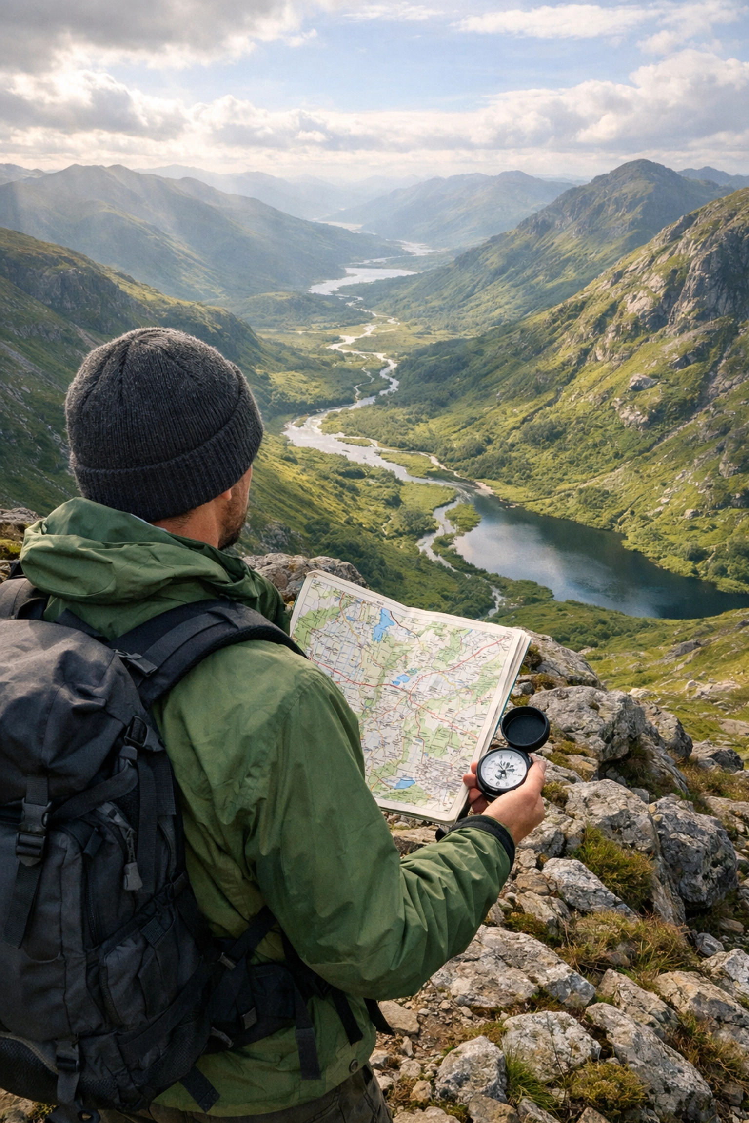 Hiker using a map and compass to scout for a wild camping guided UK pitch in the highlands.