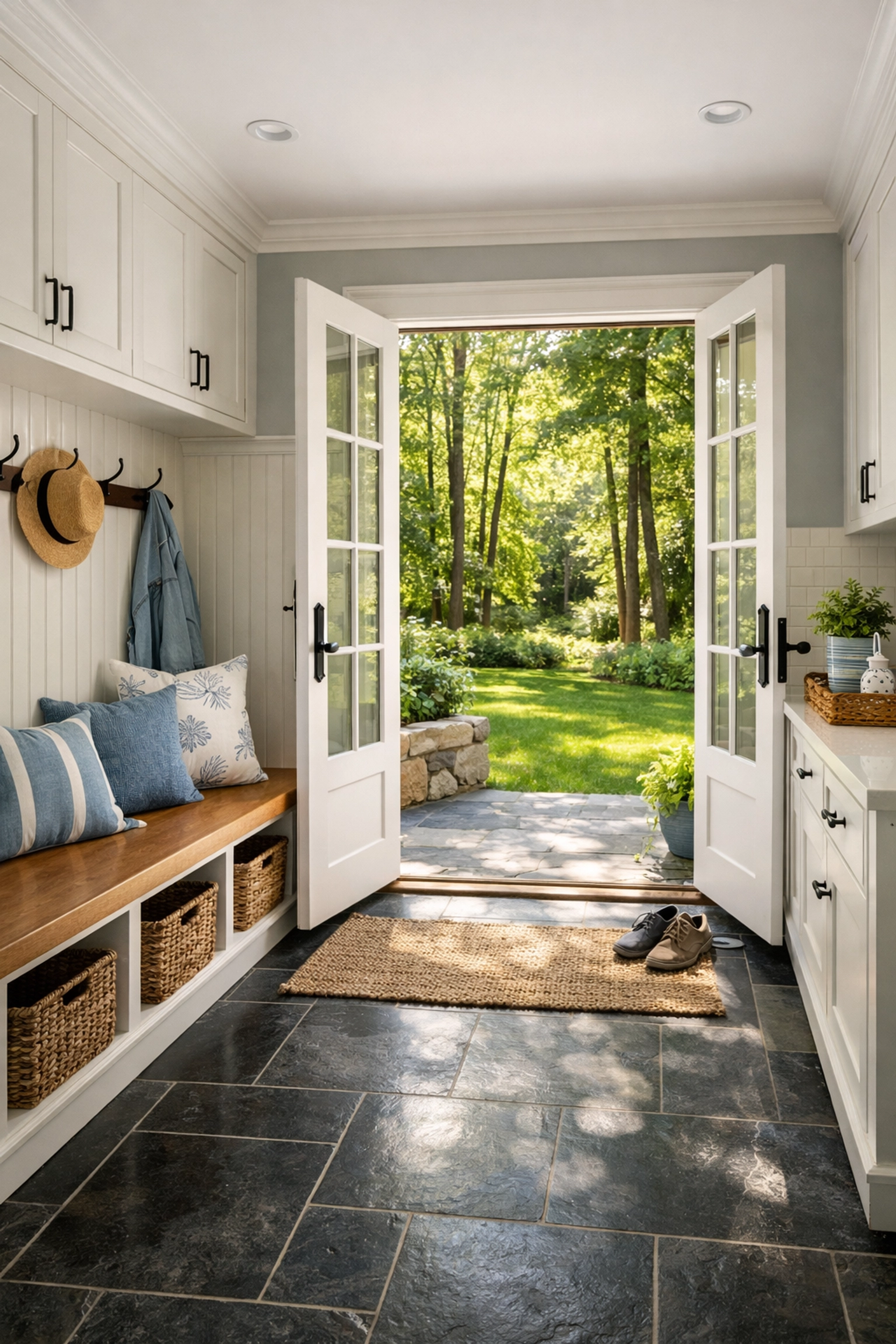 Immaculate mudroom with slate floors following luxury house cleaning in Dover.